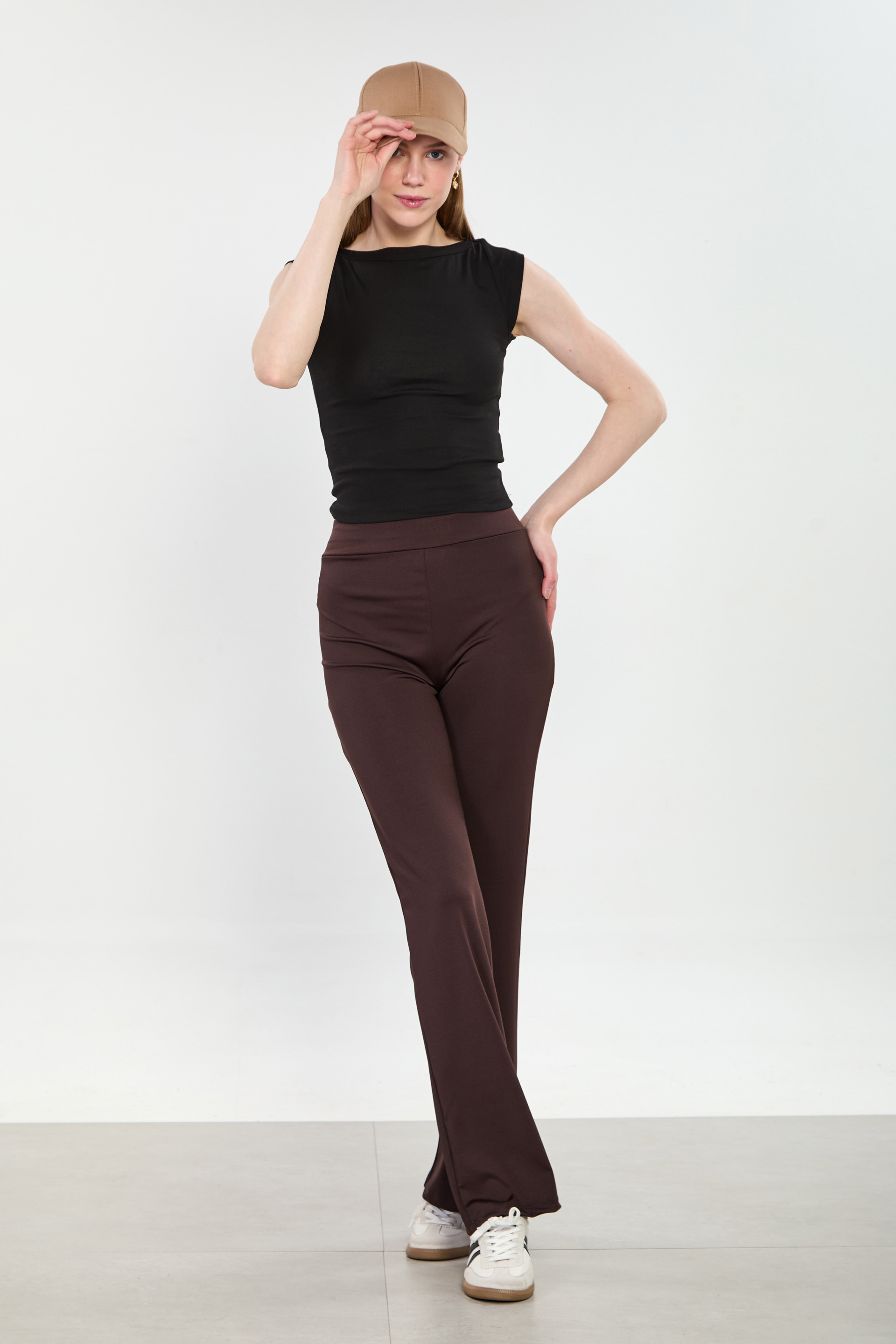 Kadın Beli Lastikli İspanyol Paça Pantolon - Acı Kahve