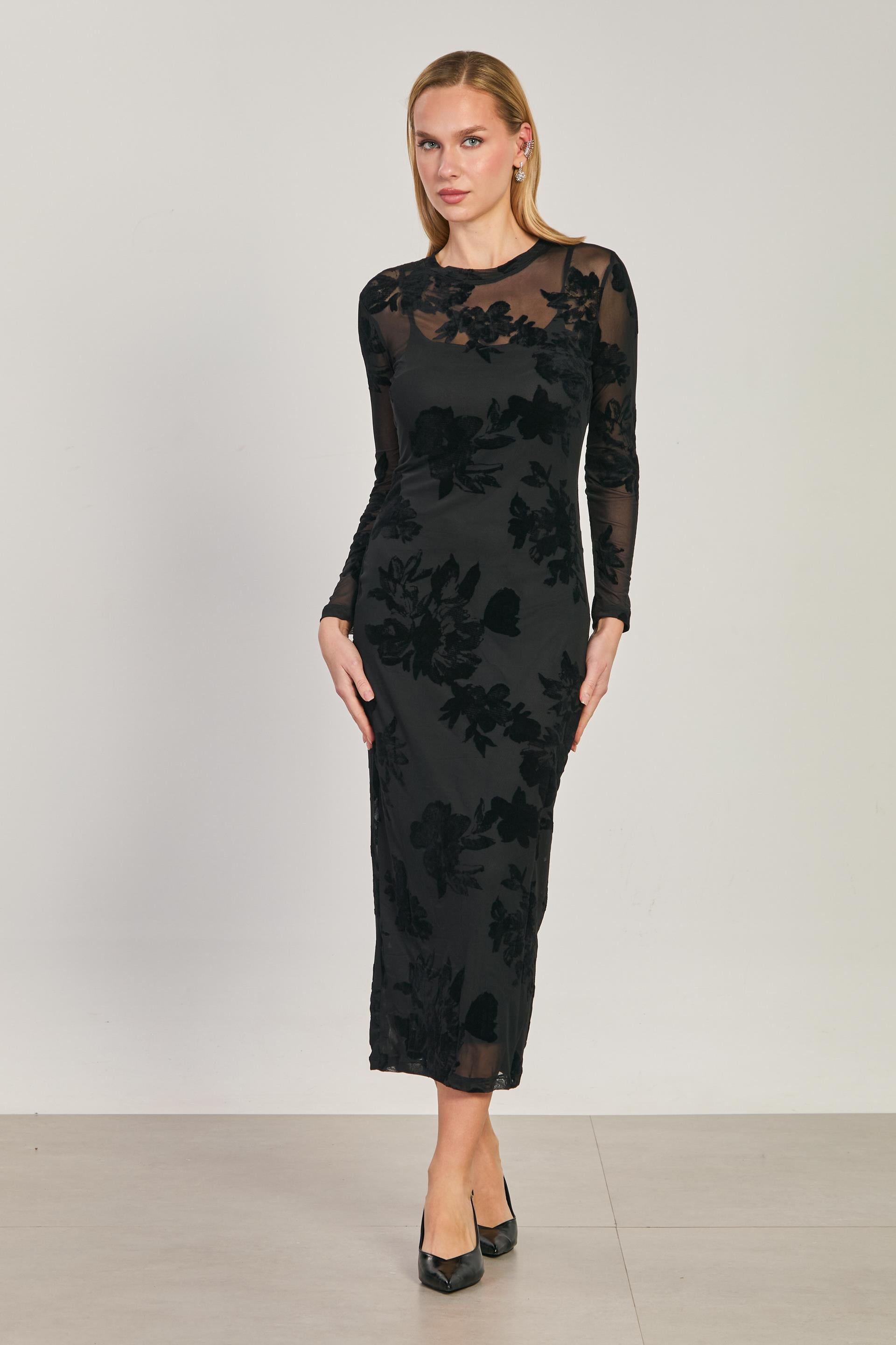 Kadın Kadife Gül Desenli Transparan Elbise - Siyah