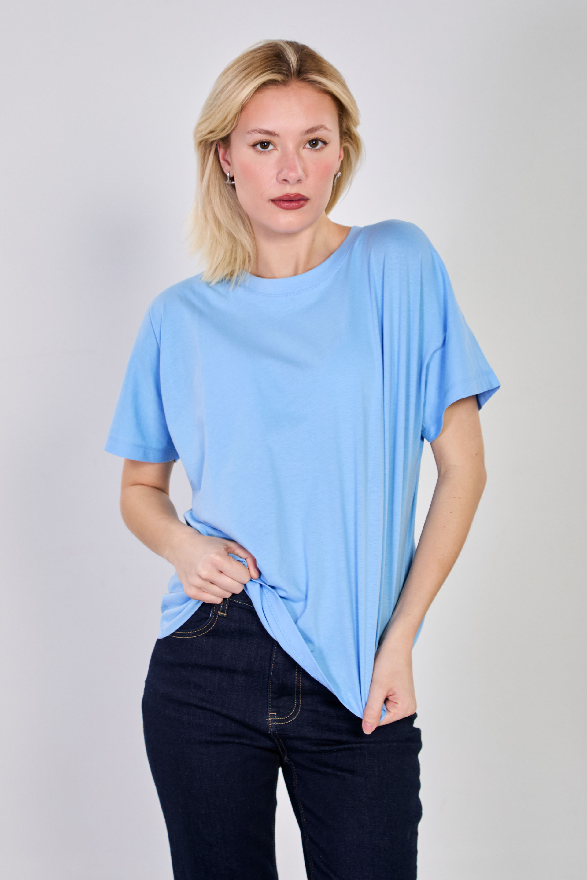Kadın Dik yaka Düşük Kol Oversize T-Shirt - Mavi