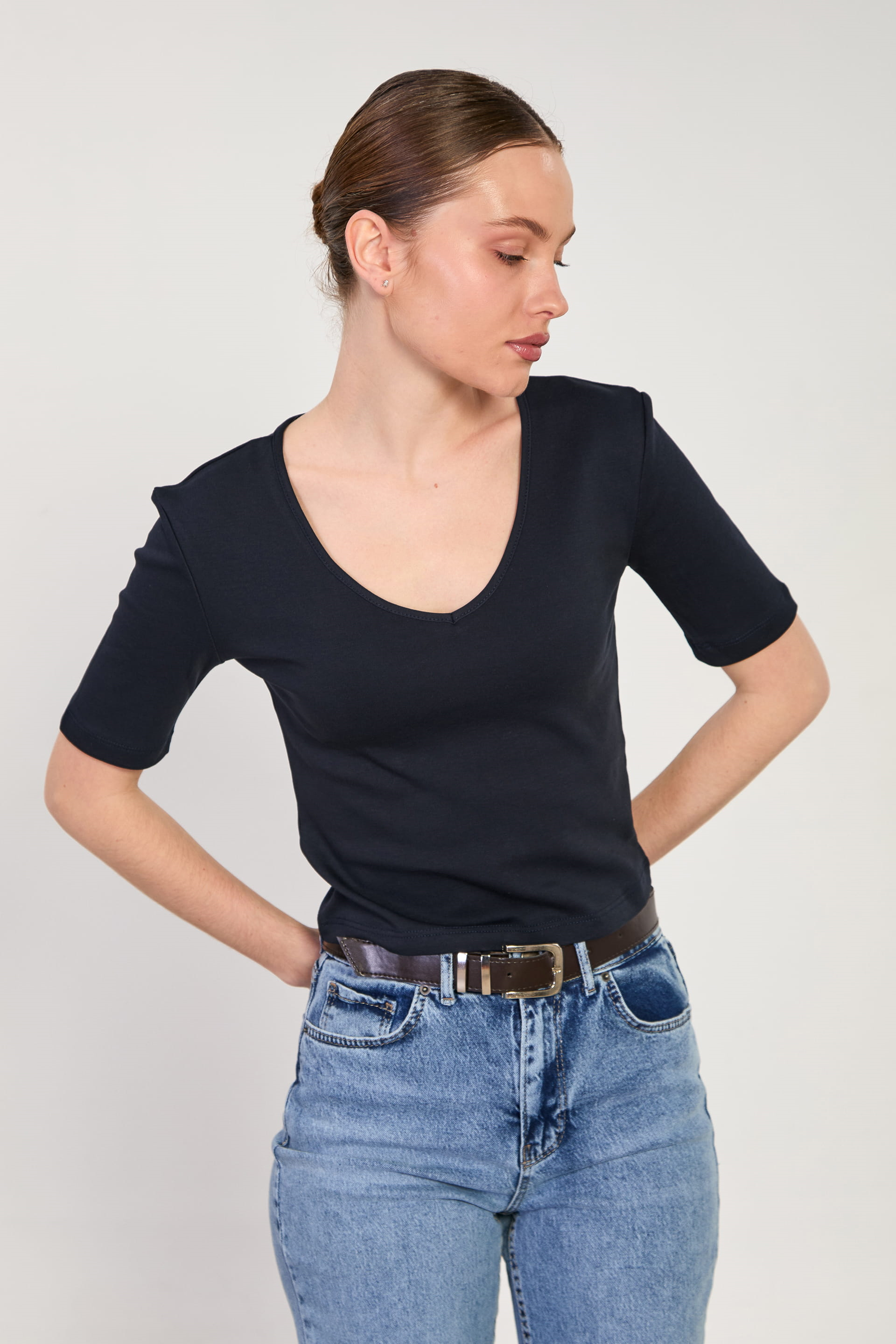 Kadın Derin V Yaka Kısa Kollu Body - Lacivert