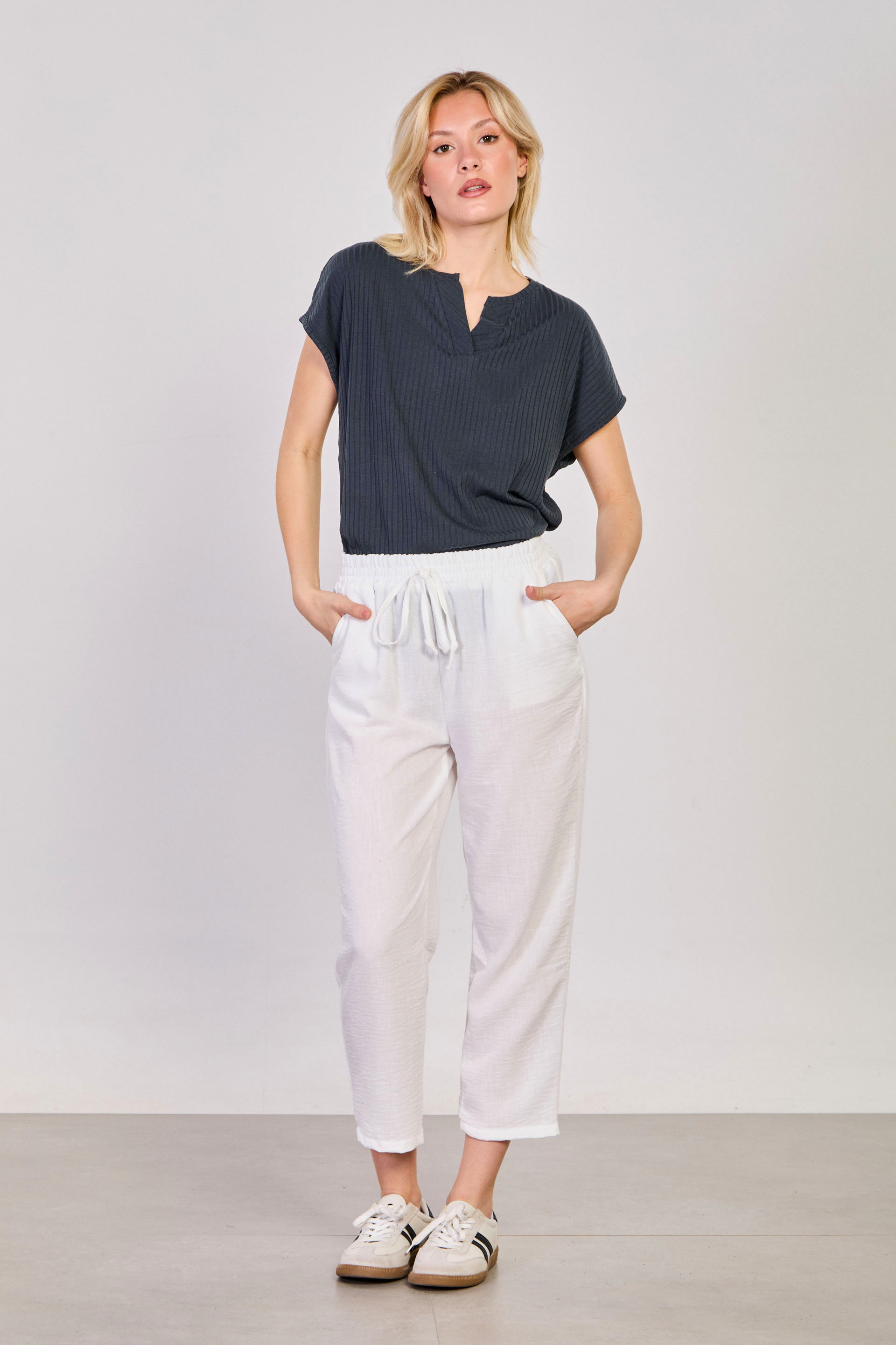 Kadın Beli Bağlamalı Havuç Pantolon - Beyaz