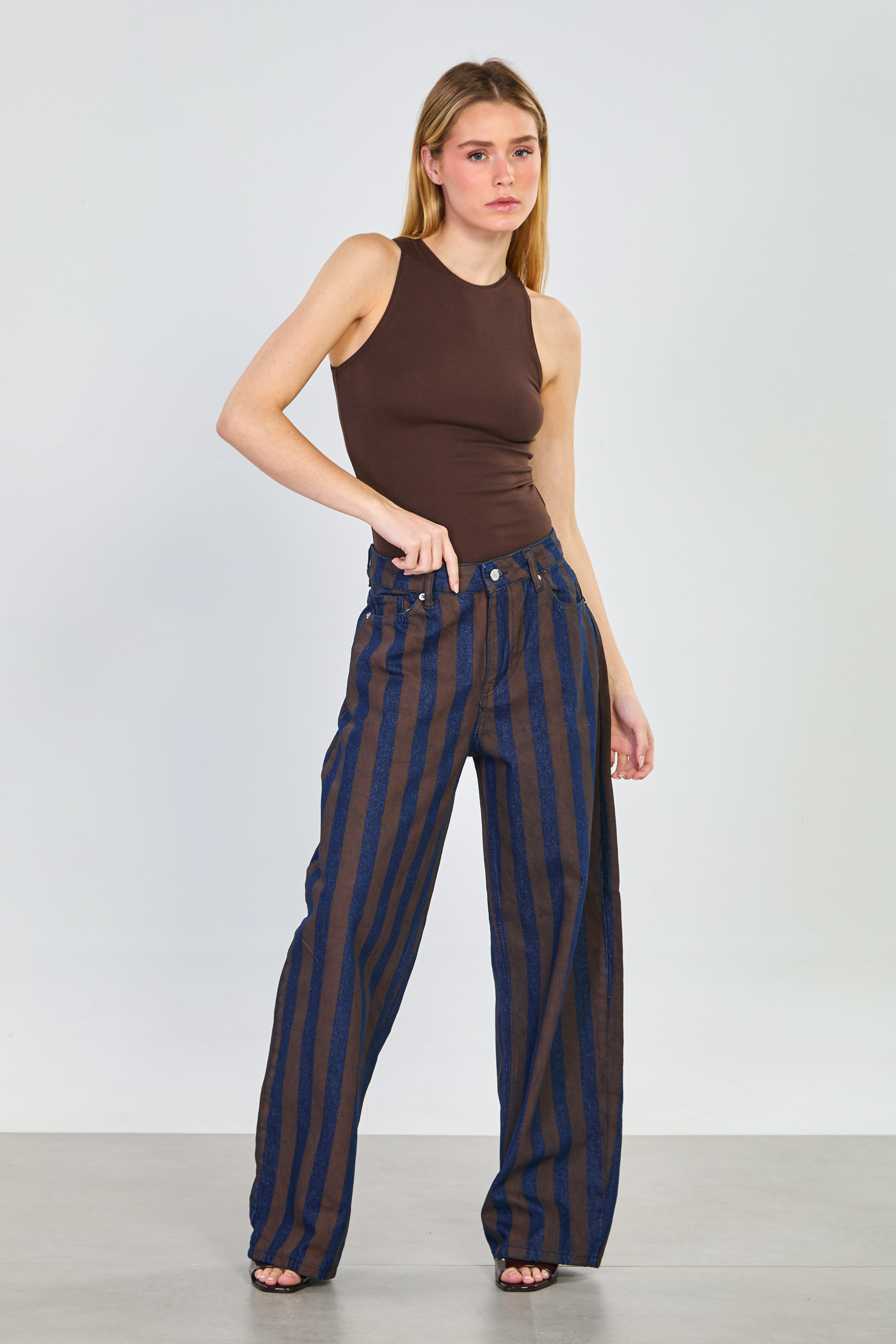 Kadın J72 Çizgili Balon Jean Pantolon - Lacivert/Kahve