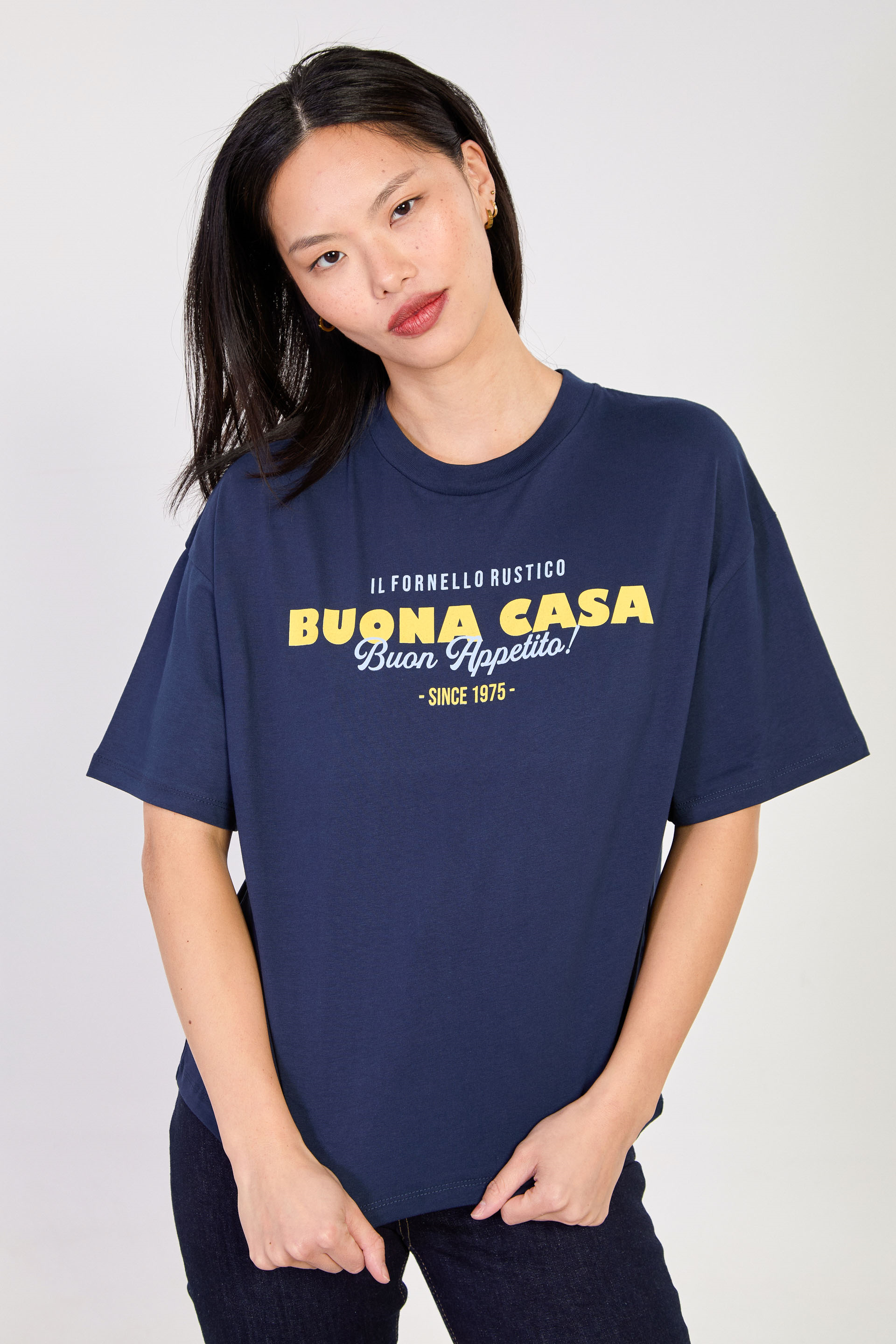 Kadın Buona Casa Yazılı Oversize T-Shirt - Lacivert