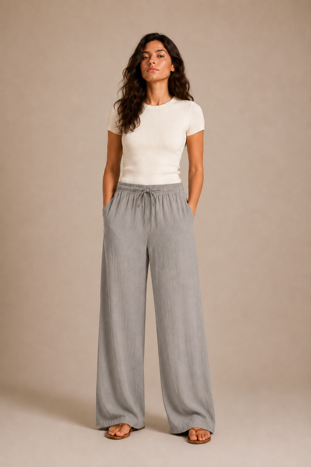 Kadın Beli Bağlamalı Bol Paça Pantolon - Gri