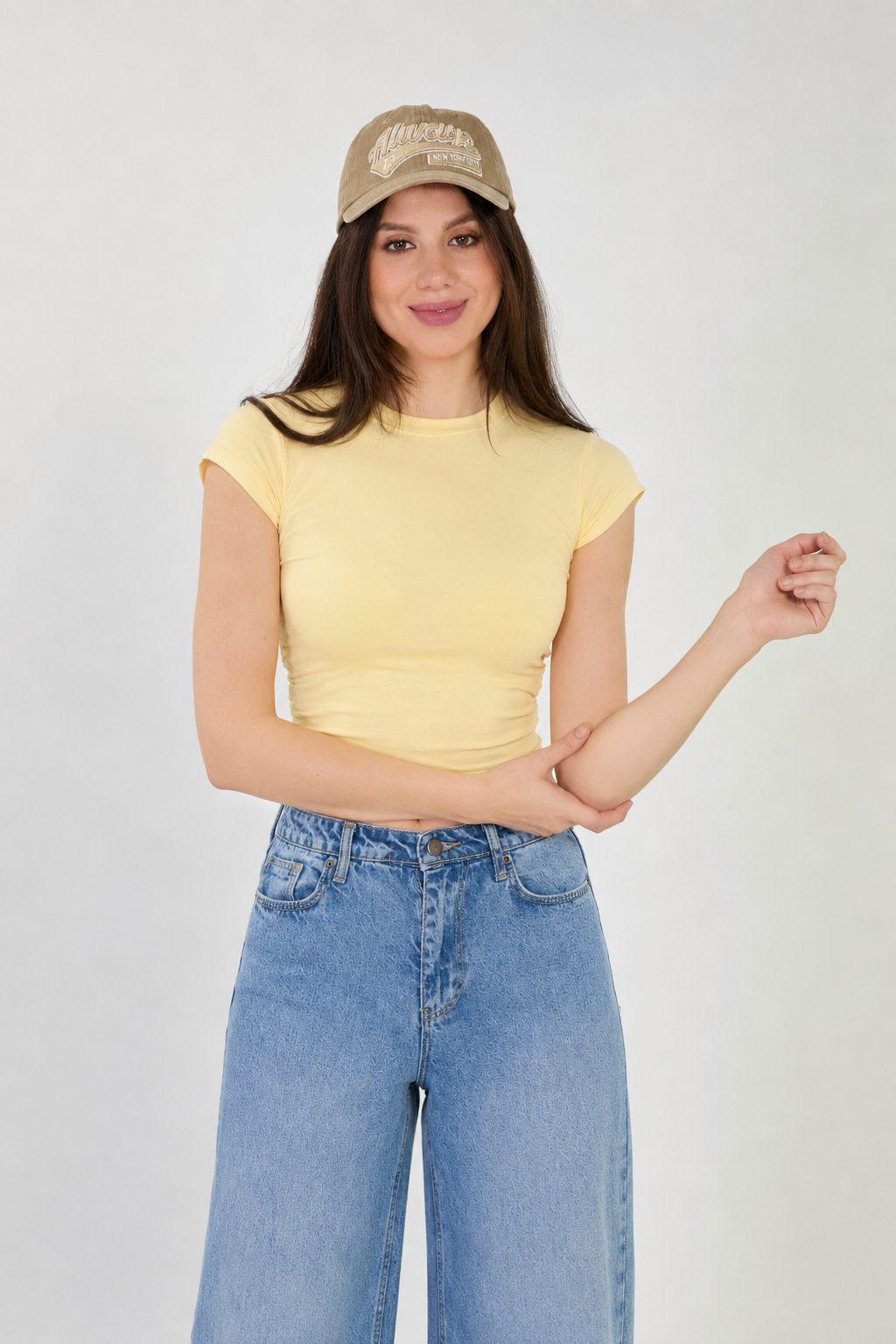 Kadın Yanı Büzgülü Kolu Katlamalı T-Shirt - Açıık Sarı