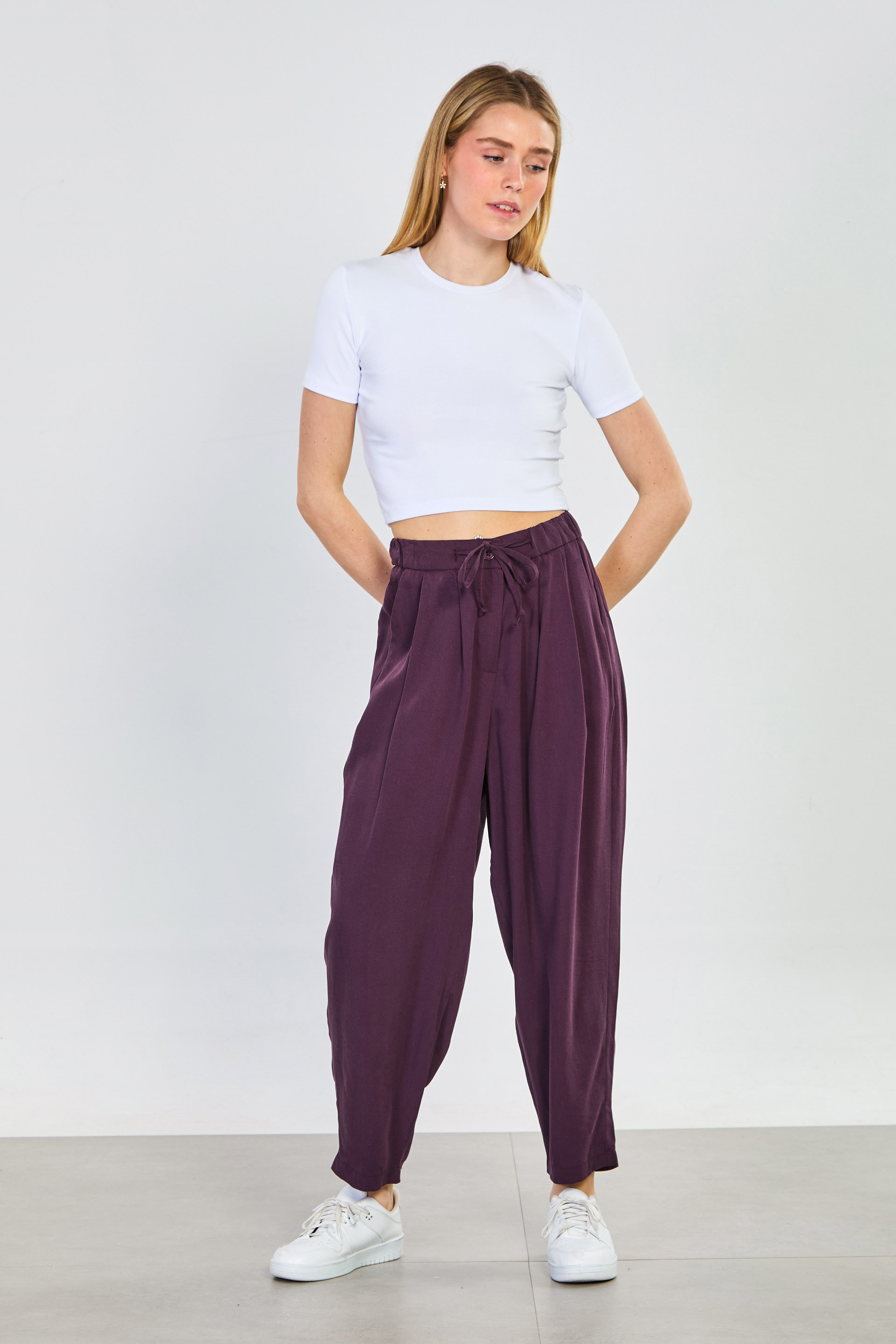 Kadın Beli İpli Havuç Pantolon - Mürdüm