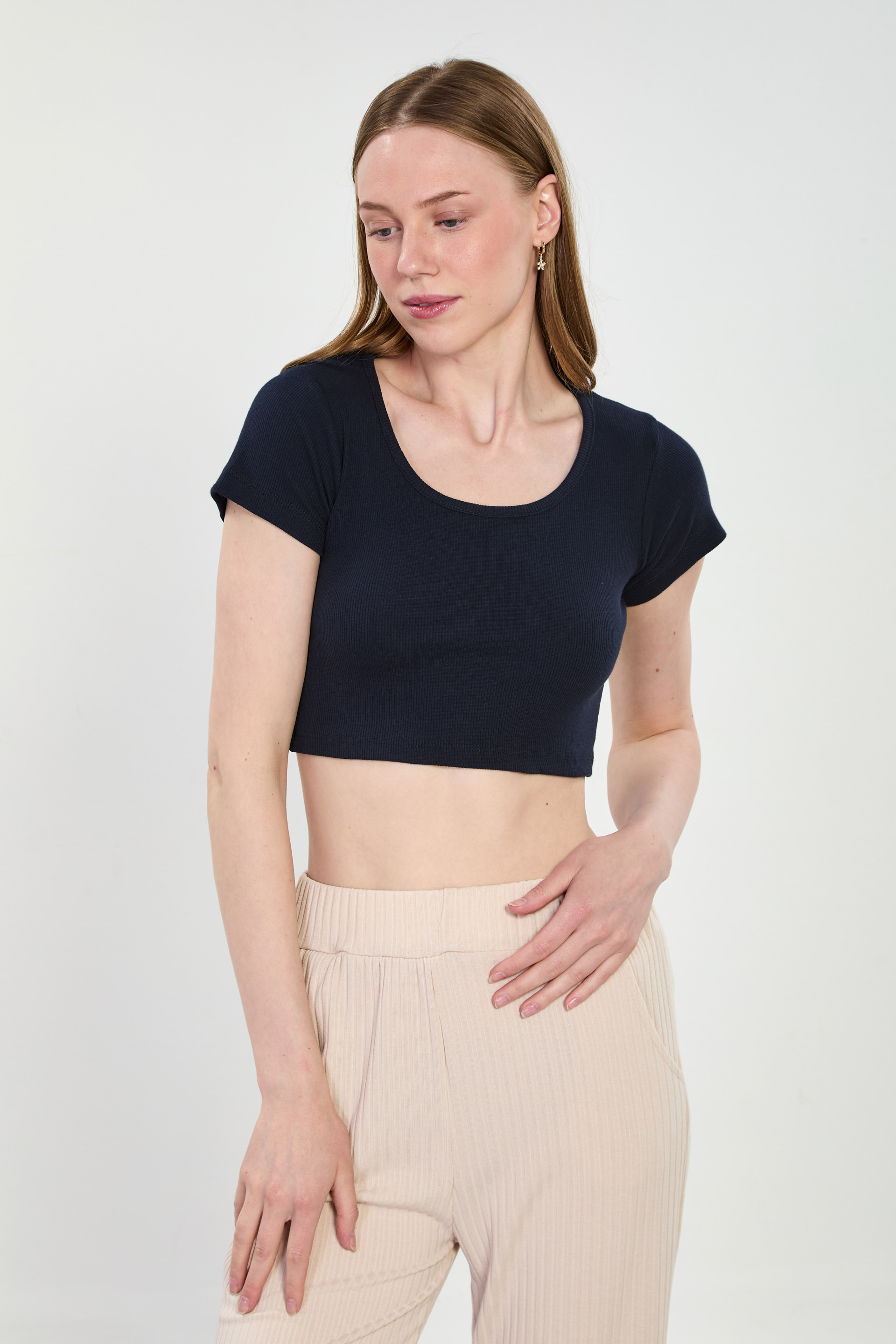 Kadın Derin Yaka Fitilli Body - Lacivert