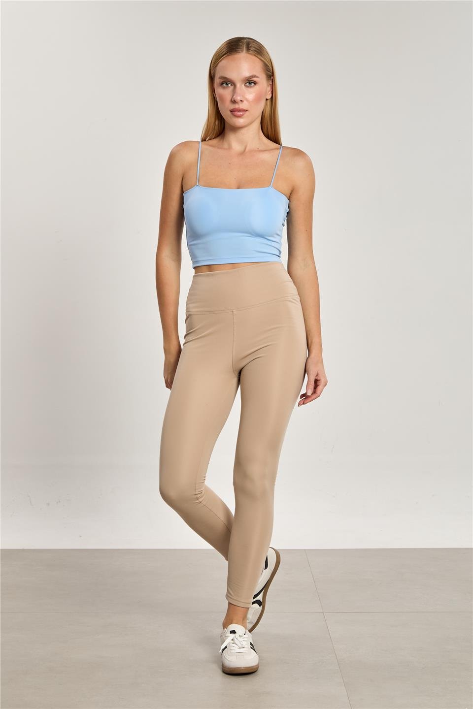 Kadın Yüksek Bel Şardonlu Tayt - Taş