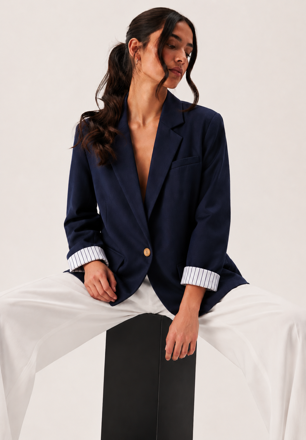 Kadın Kolları Çizgili Düğmeli Blazer Ceket - Lacivert