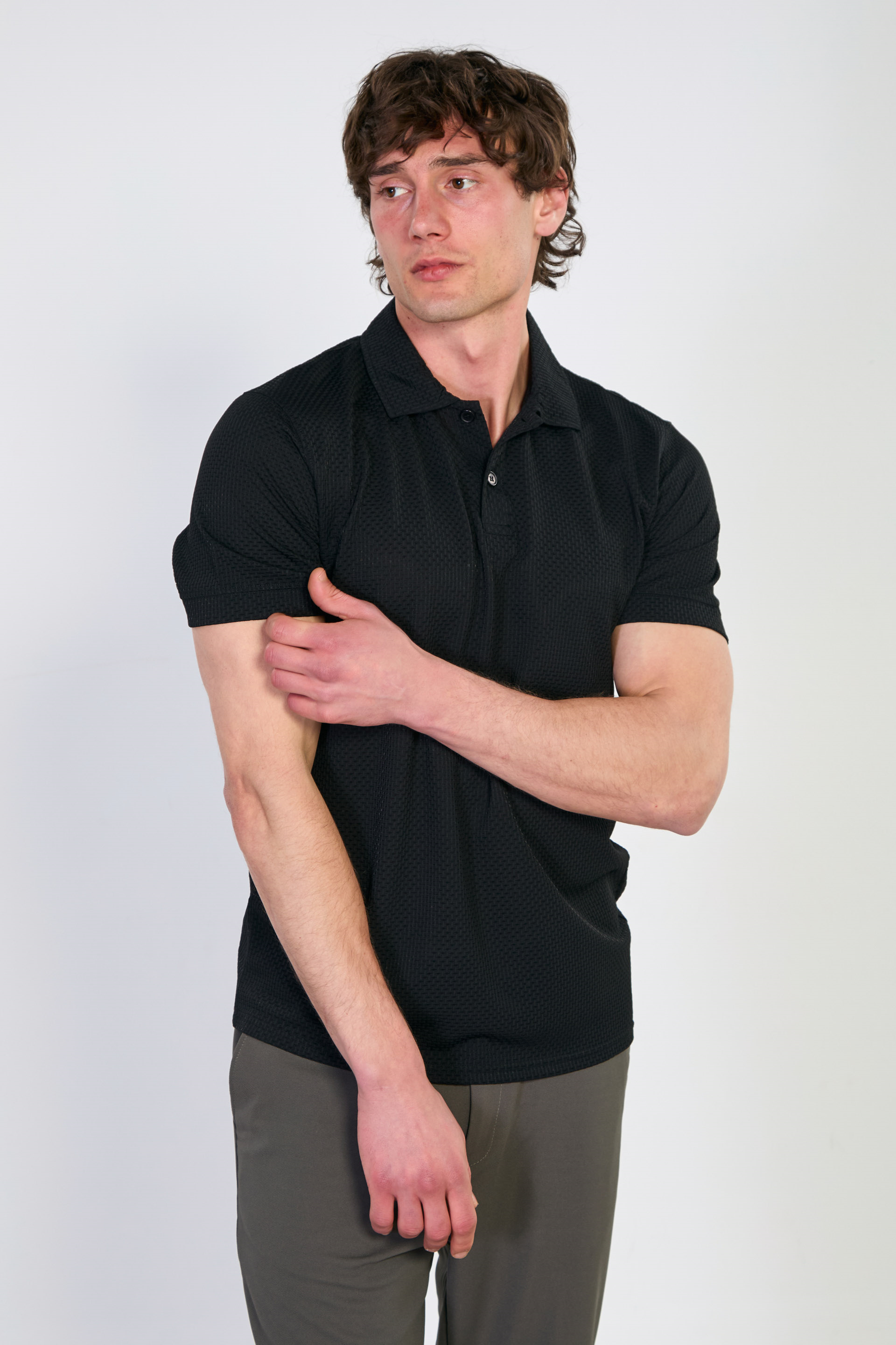 Erkek Polo Yaka Kısa Kollu Düğmeli T-Shirt - Siyah