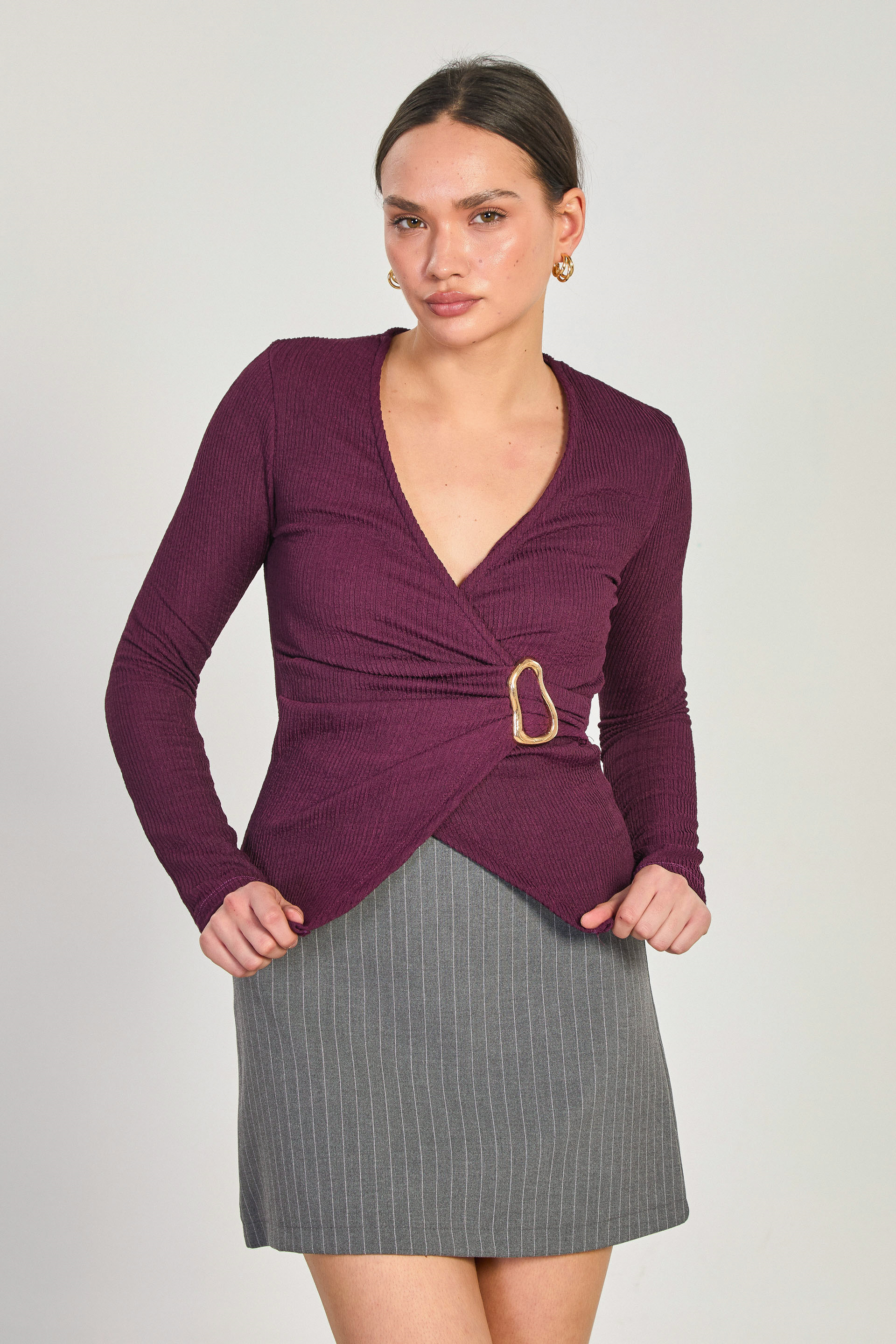 Kadın Kruvaze Yaka Yanı Tokalı Uzun Kol Bluz - Mürdüm