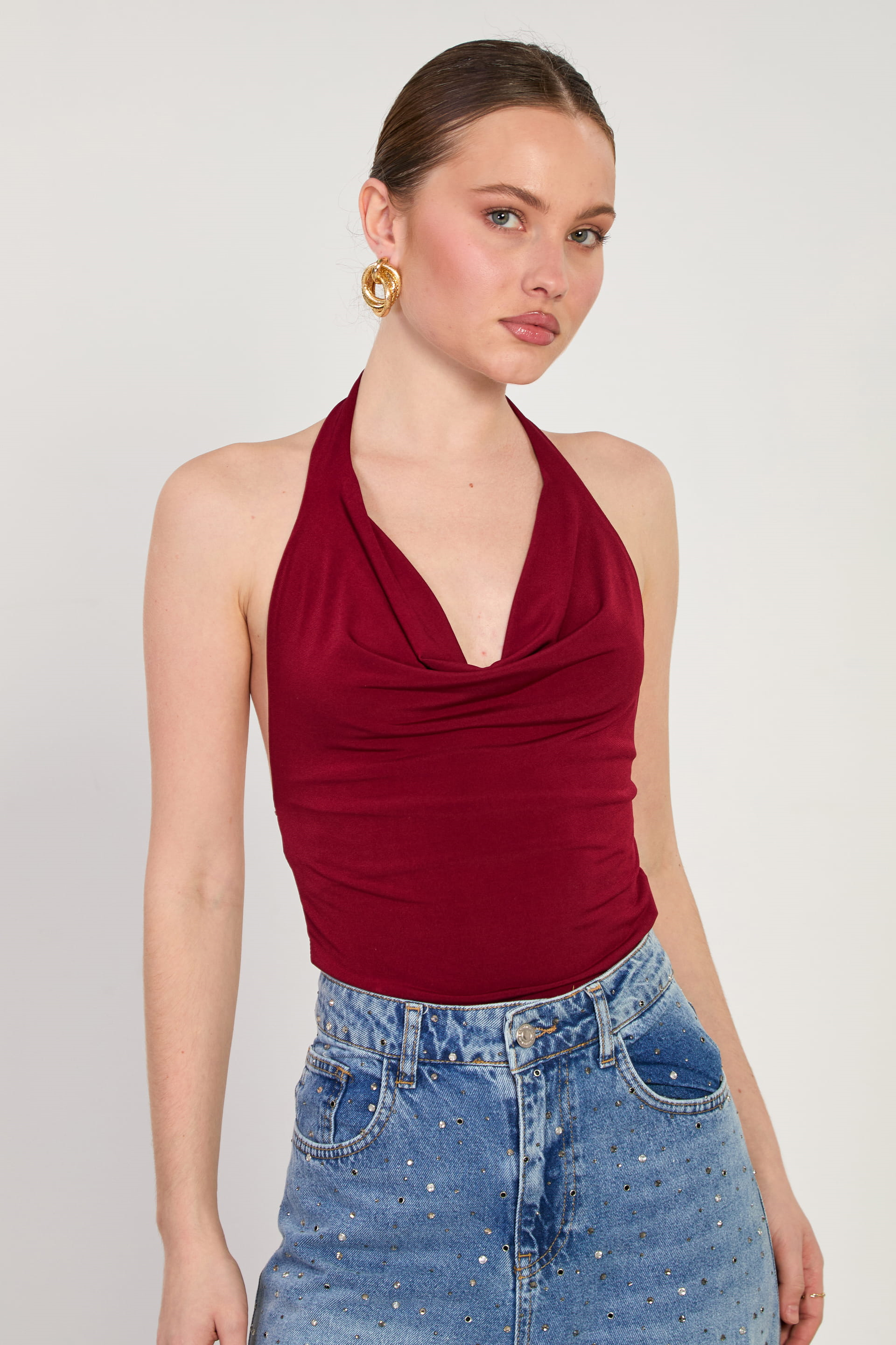 Kadın Degaje Yaka Boyundan Bağlamalı Bluz - Mürdüm