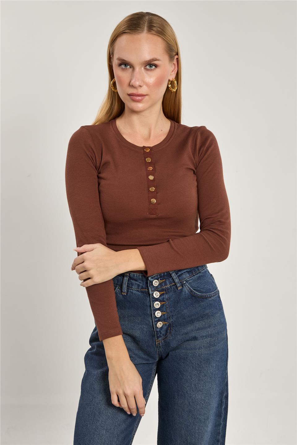 Kadın Önü Çıtçıtlı Uzun Kol Body - Kahve