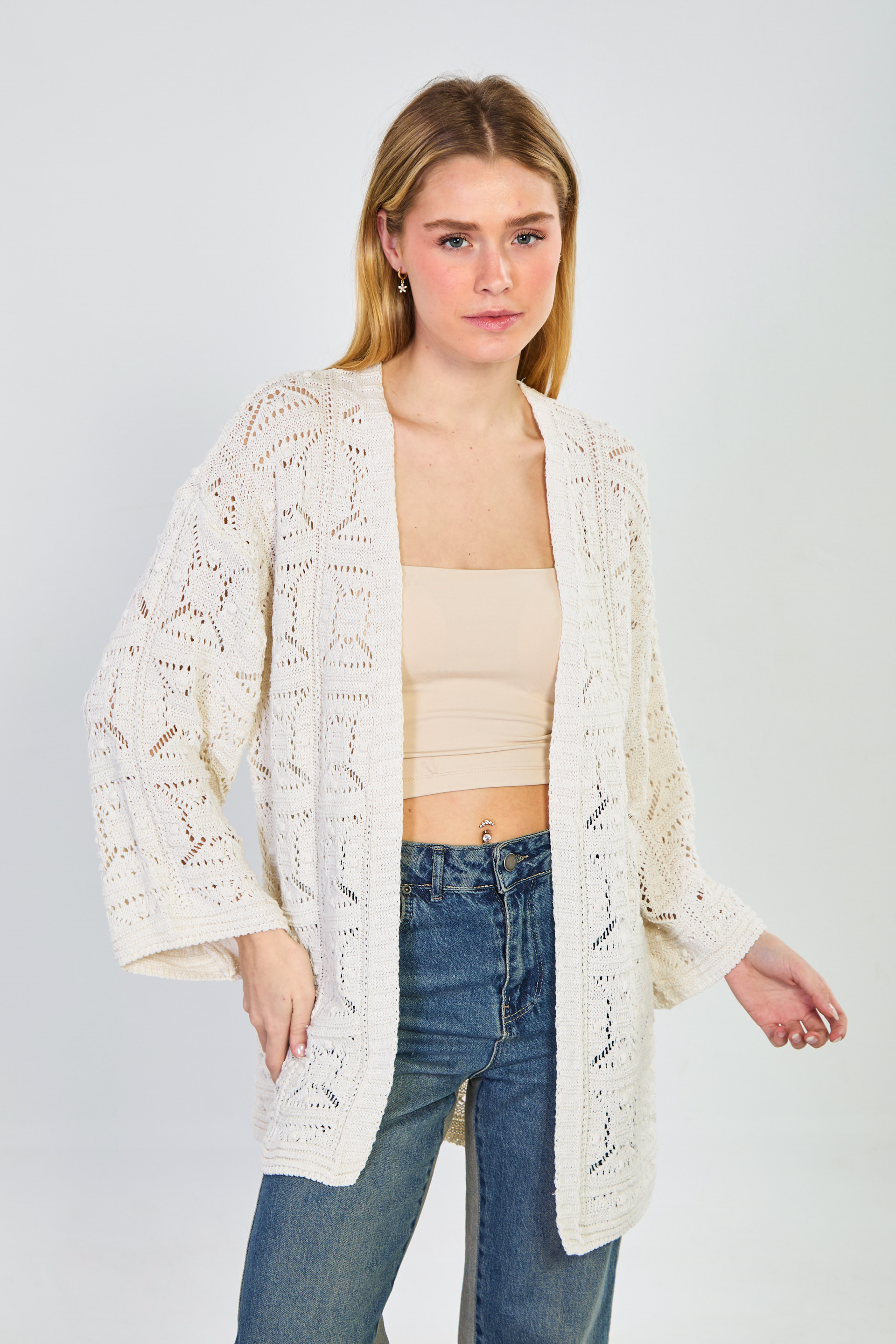 Kadın Ajurlu Uzun Hırka - Natural