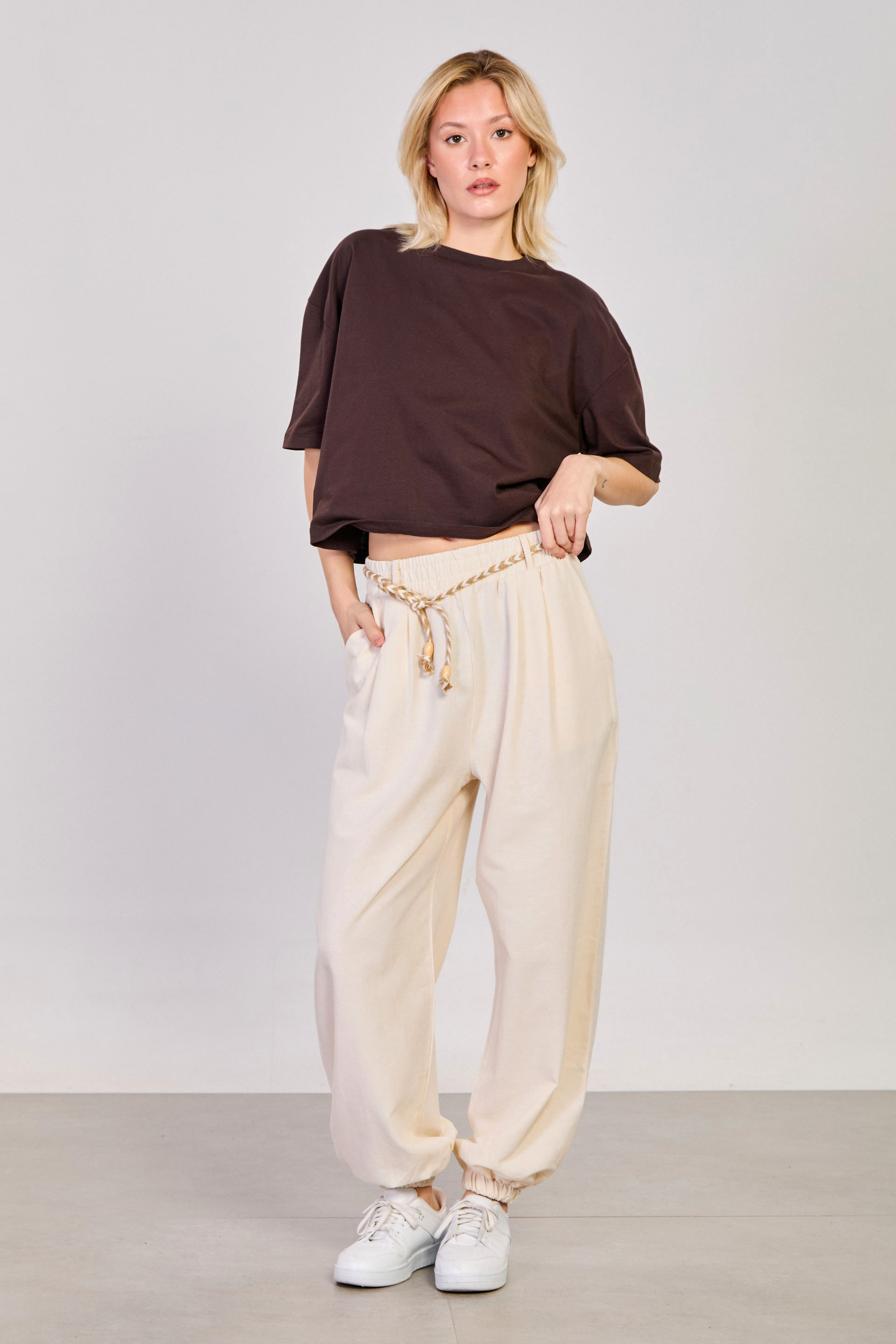 Kadın Hasır Kemerli Paça Lastikli Pantolon - Natural