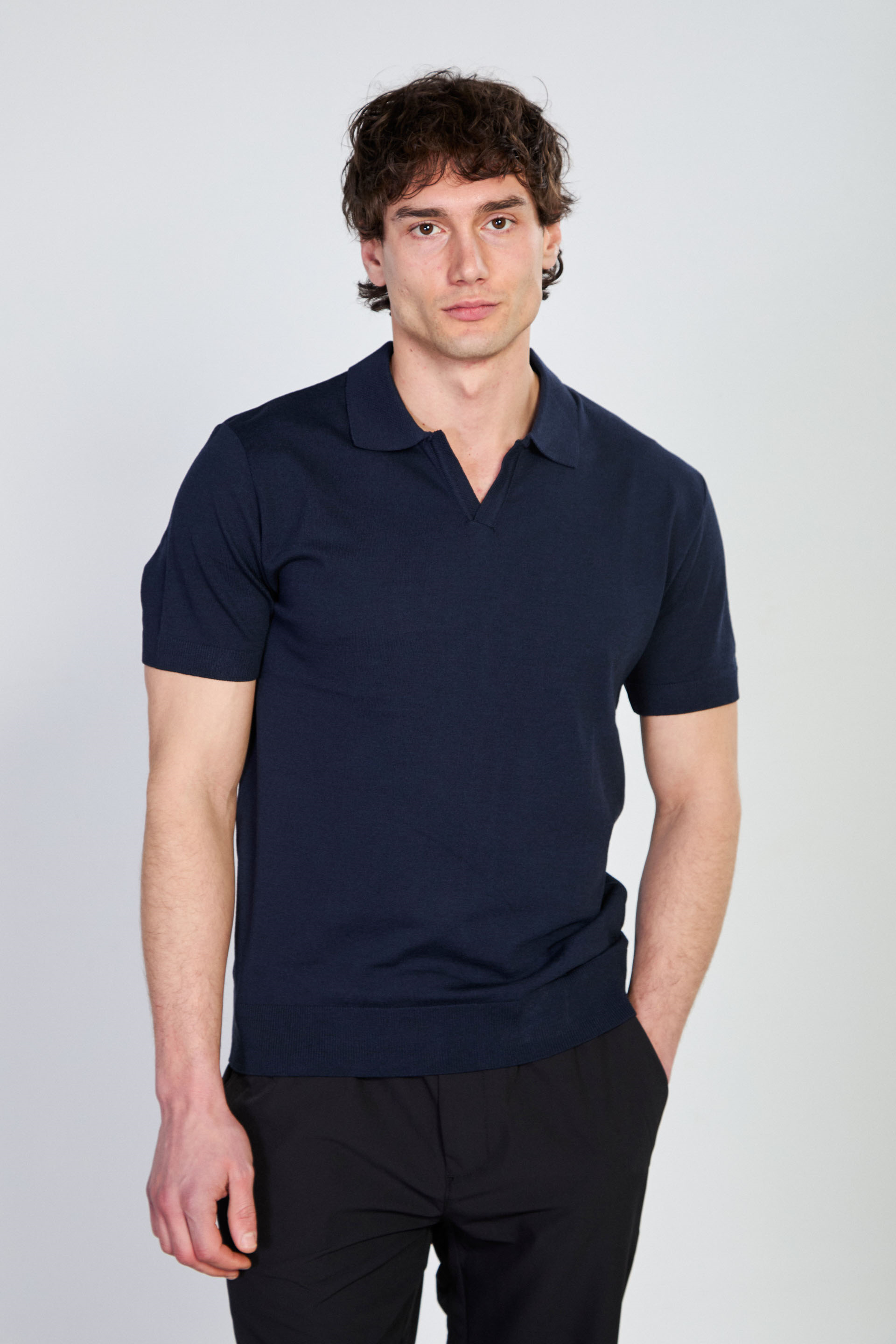 Erkek Polo Yaka V Patlı Triko T-Shirt - İndigo