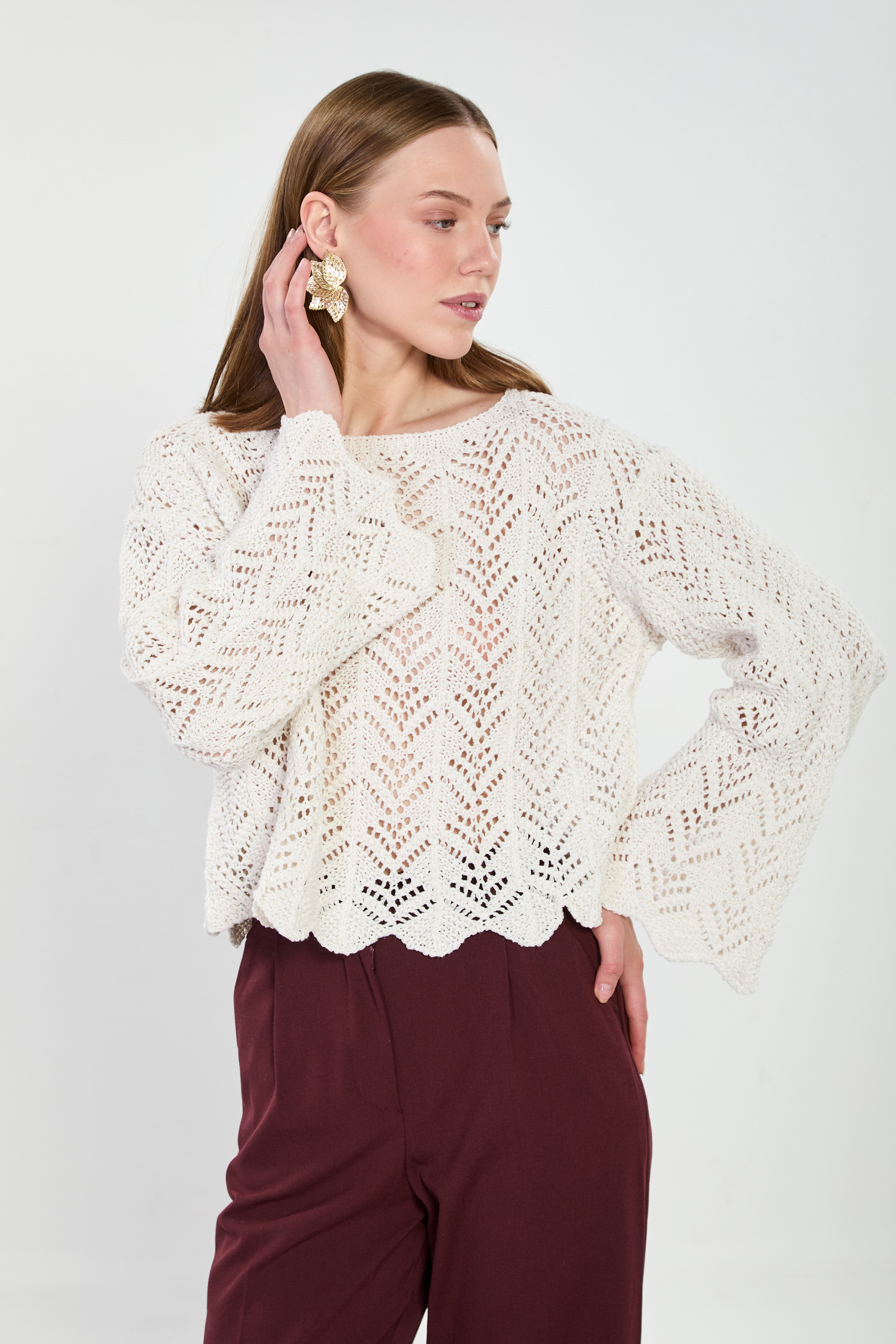 Kadın Geniş Kol Ajurlu Kazak - Natural