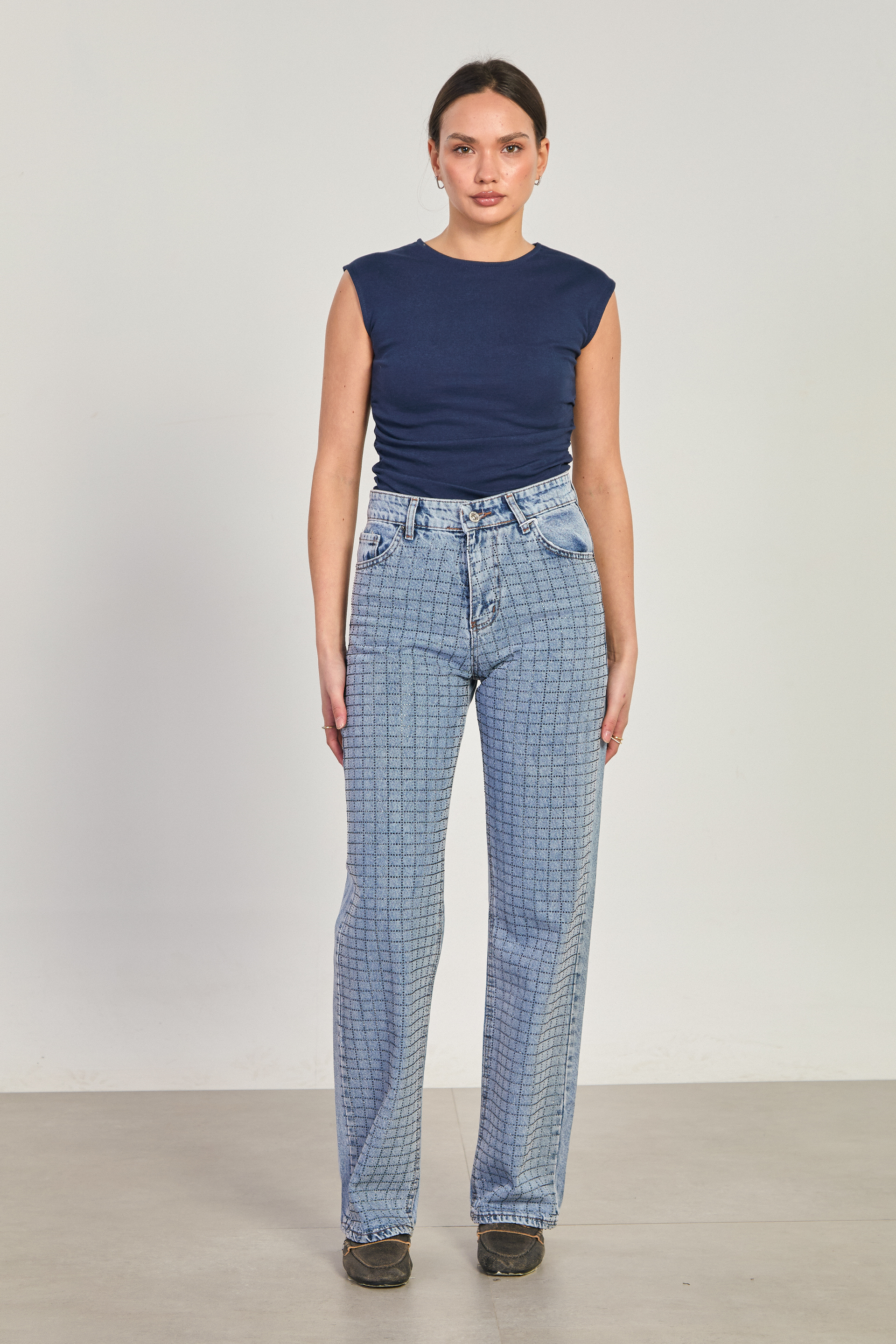 Kadın J63 Kare Taş Baskılı Palazzo Jean Pantolon - Açık Mavi