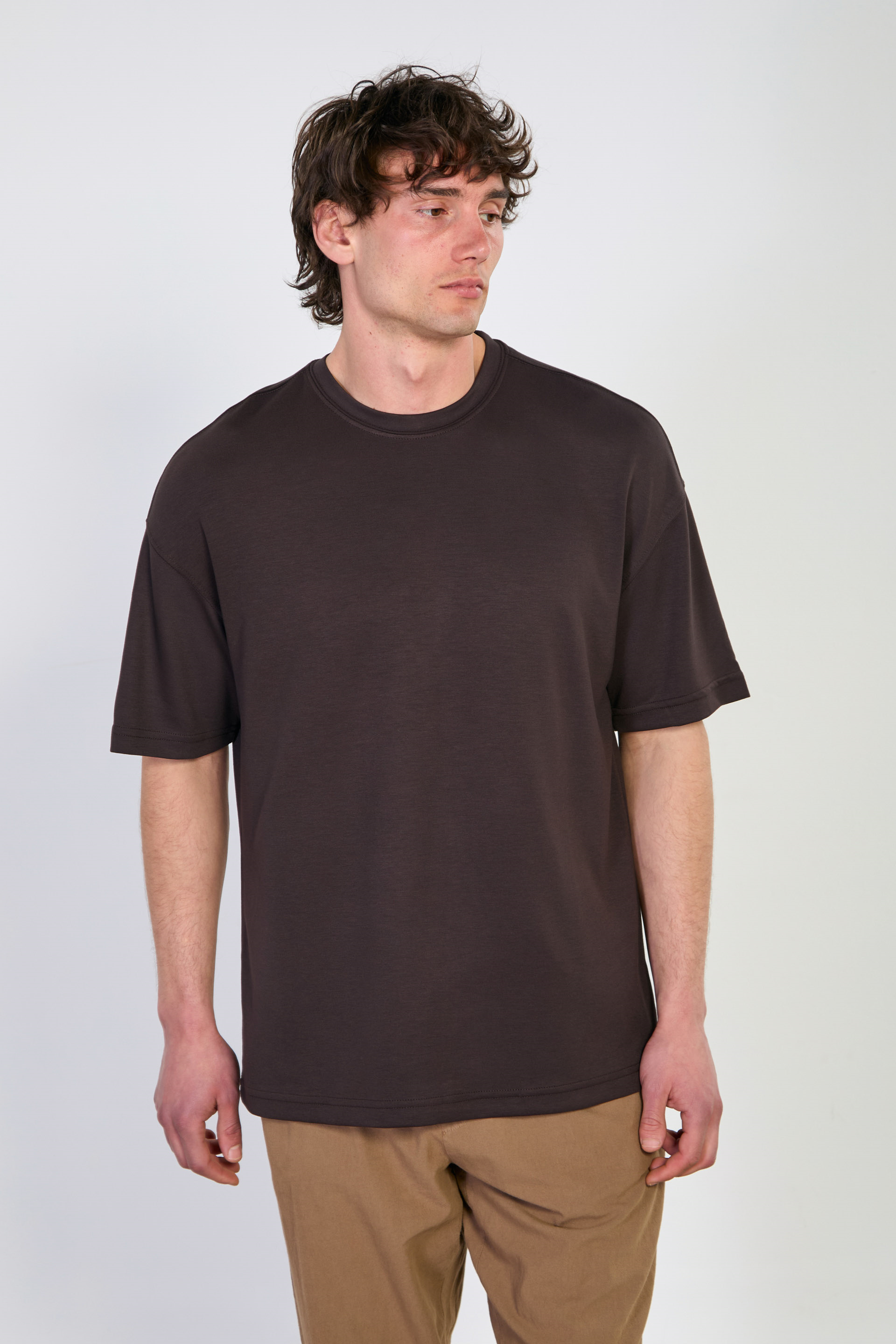 Erkek Oversize Basic T-Shirt - Acı Kahve