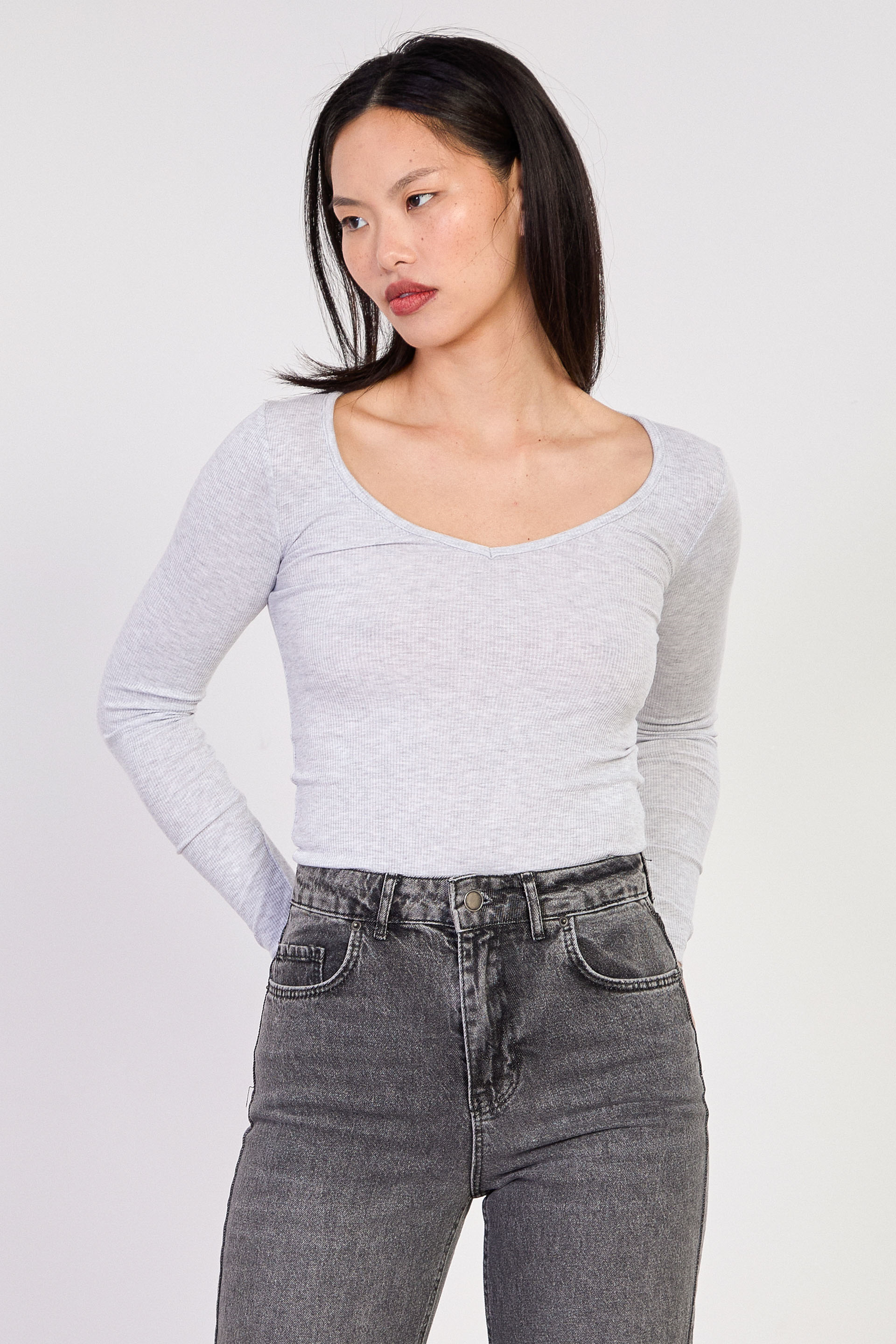 Kadın Uzun Kollu V Yaka Body - Kar Melanj