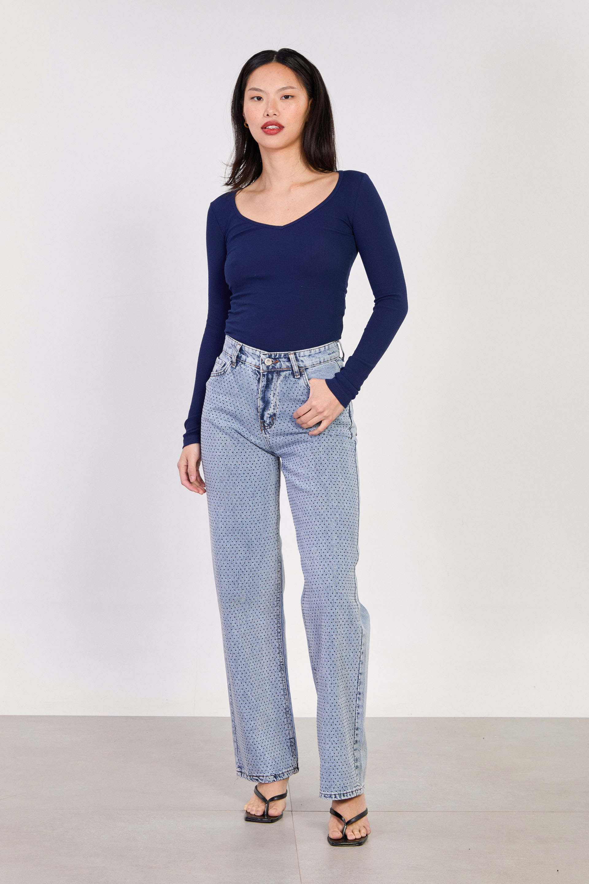 Kadın J63 Serpme Taş Baskılı Palazzo Jean Pantolon - Açık Mavi