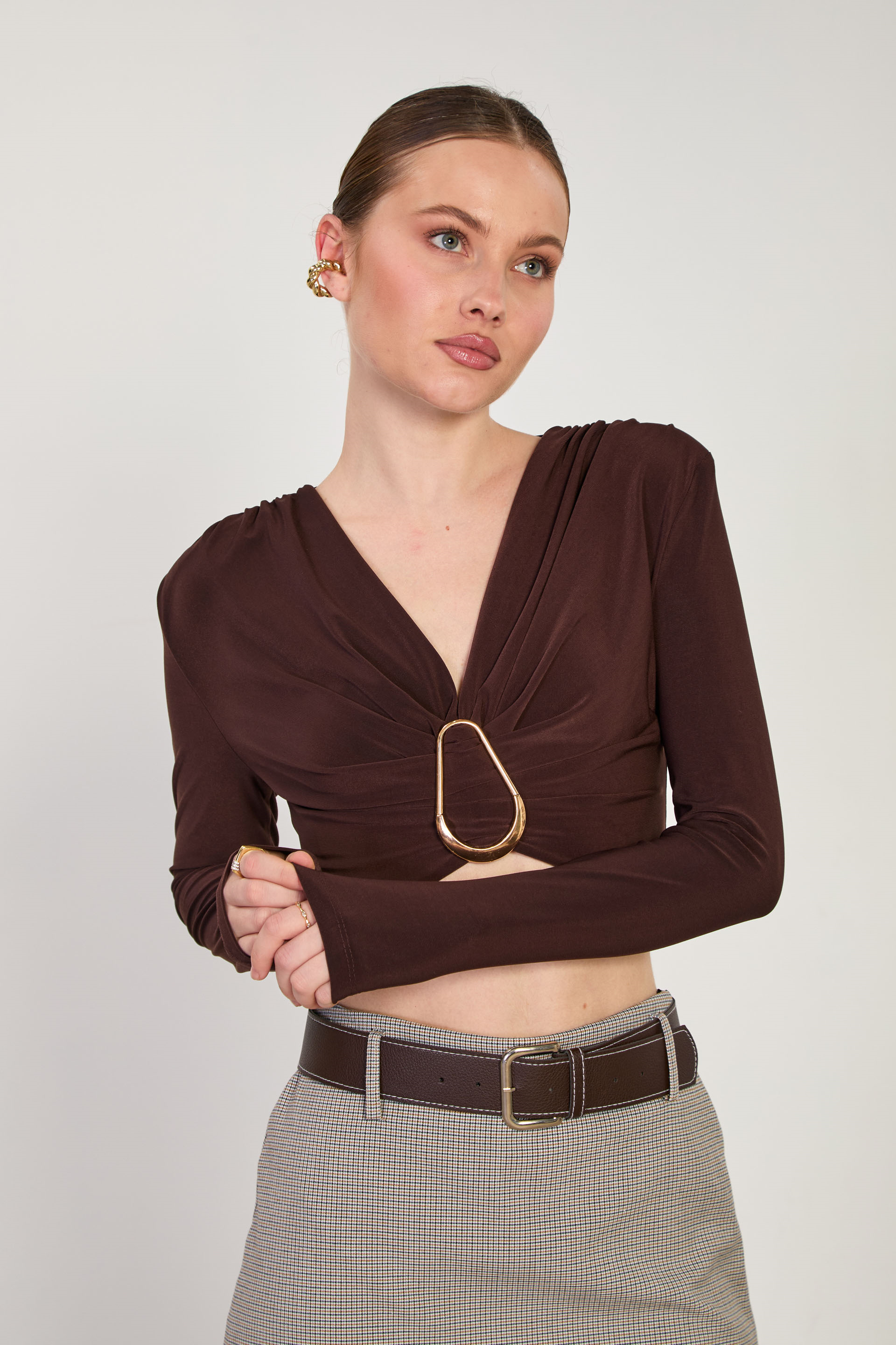 Kadın Vatkalı Derin V Yaka Uzun Kol Body - Acı Kahve