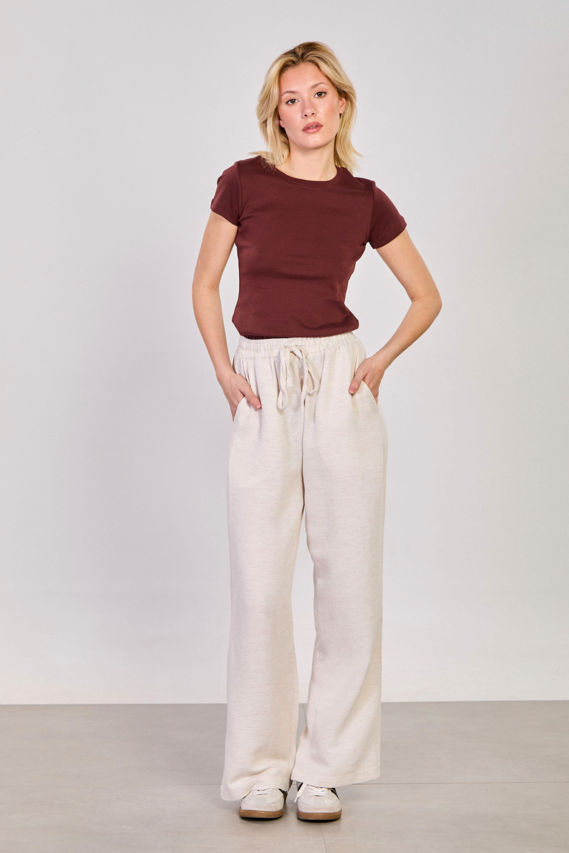 Kadın Beli Bağlamalı Flamlı Pantolon - Taş