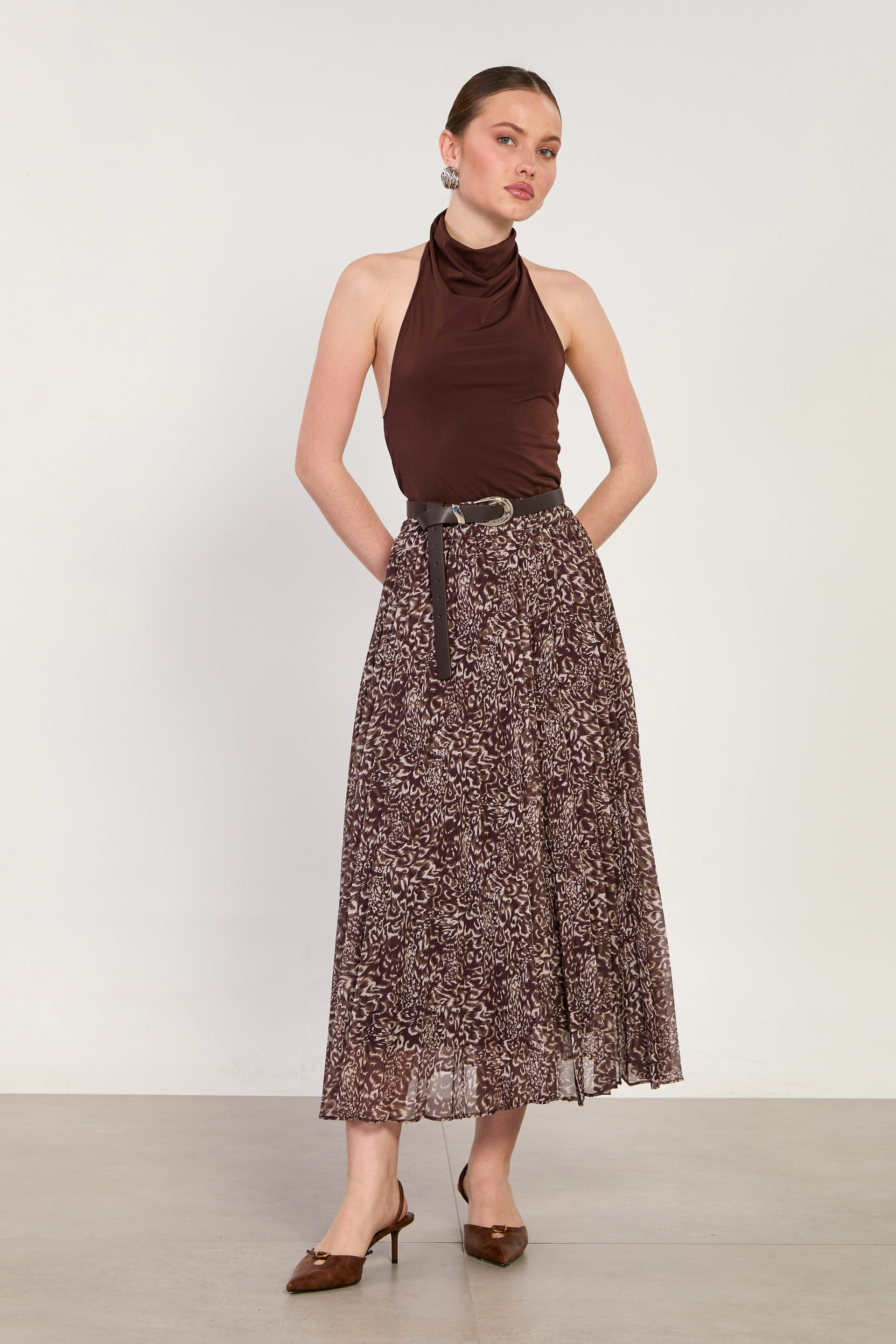 Kadın Leopar Desenli Piliseli Midi Şifon Etek - Kahve