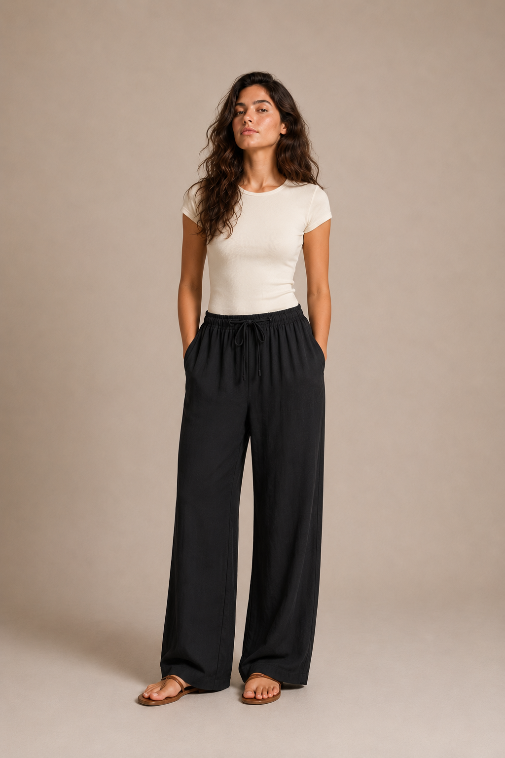 Kadın Beli Bağlamalı Bol Paça Pantolon - Siyah