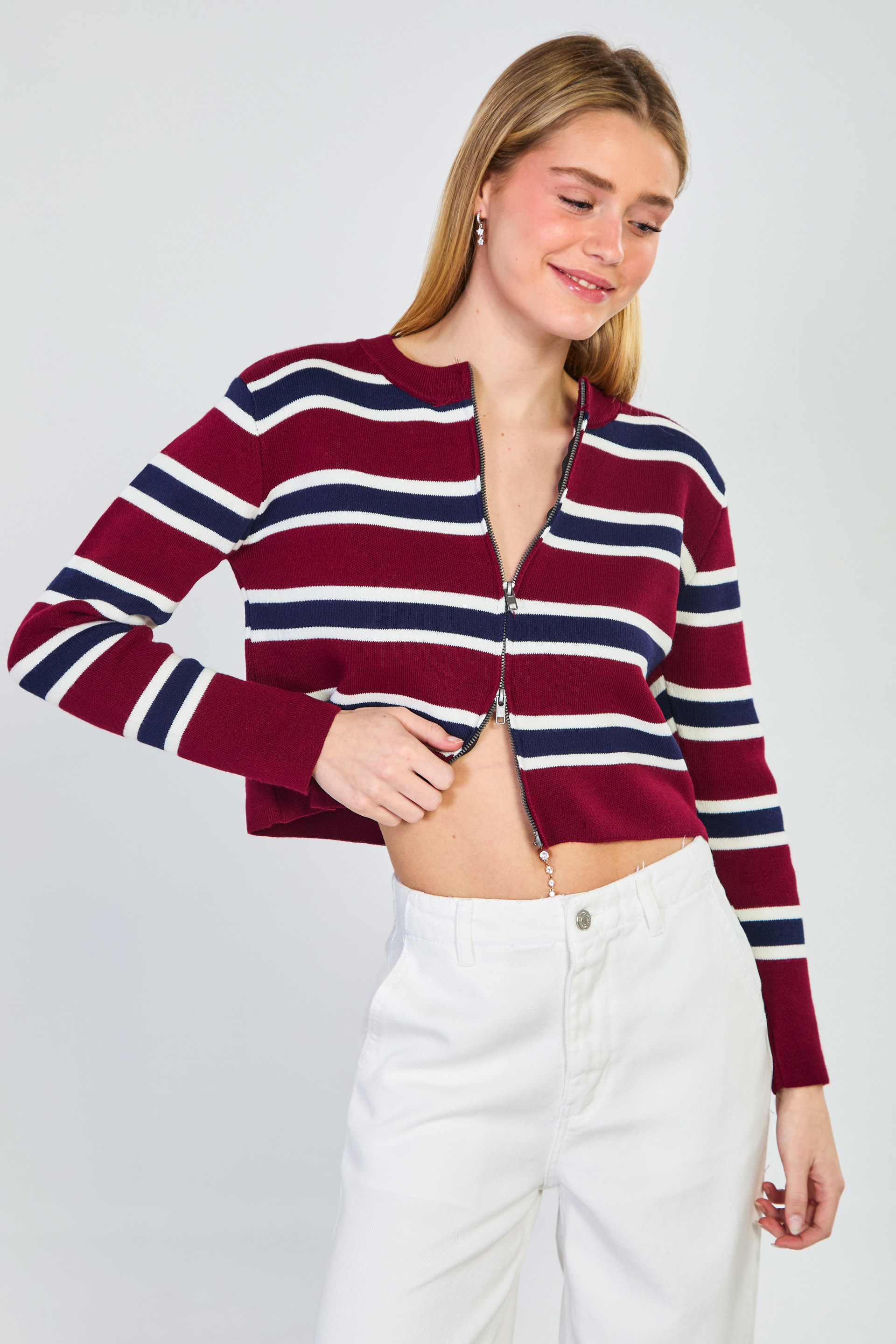 Kadın Çizgili Çift Fermuarlı Hırka - Bordo