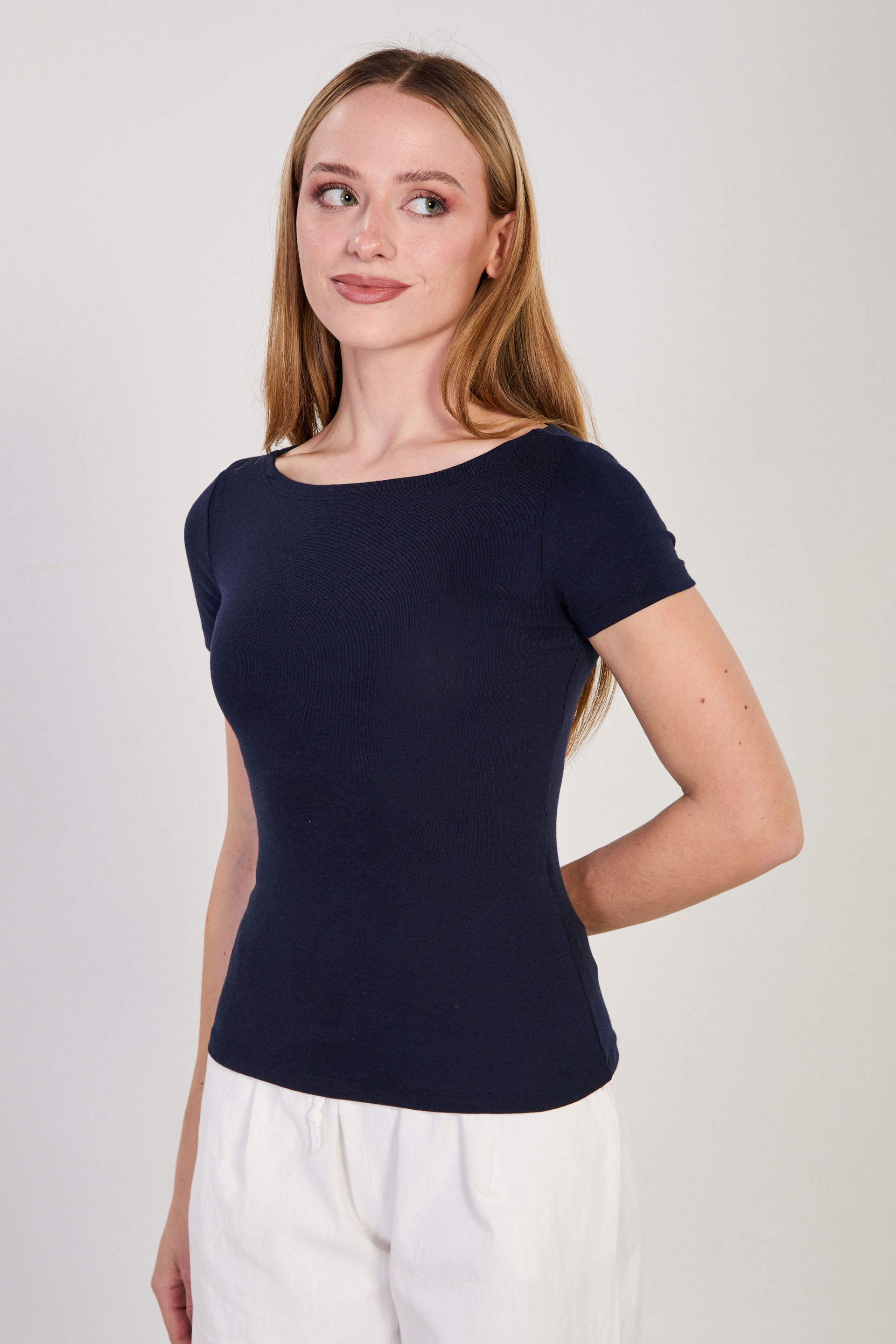 Kadın Kayık Yaka Kısa Kollu T-Shirt - Lacivert