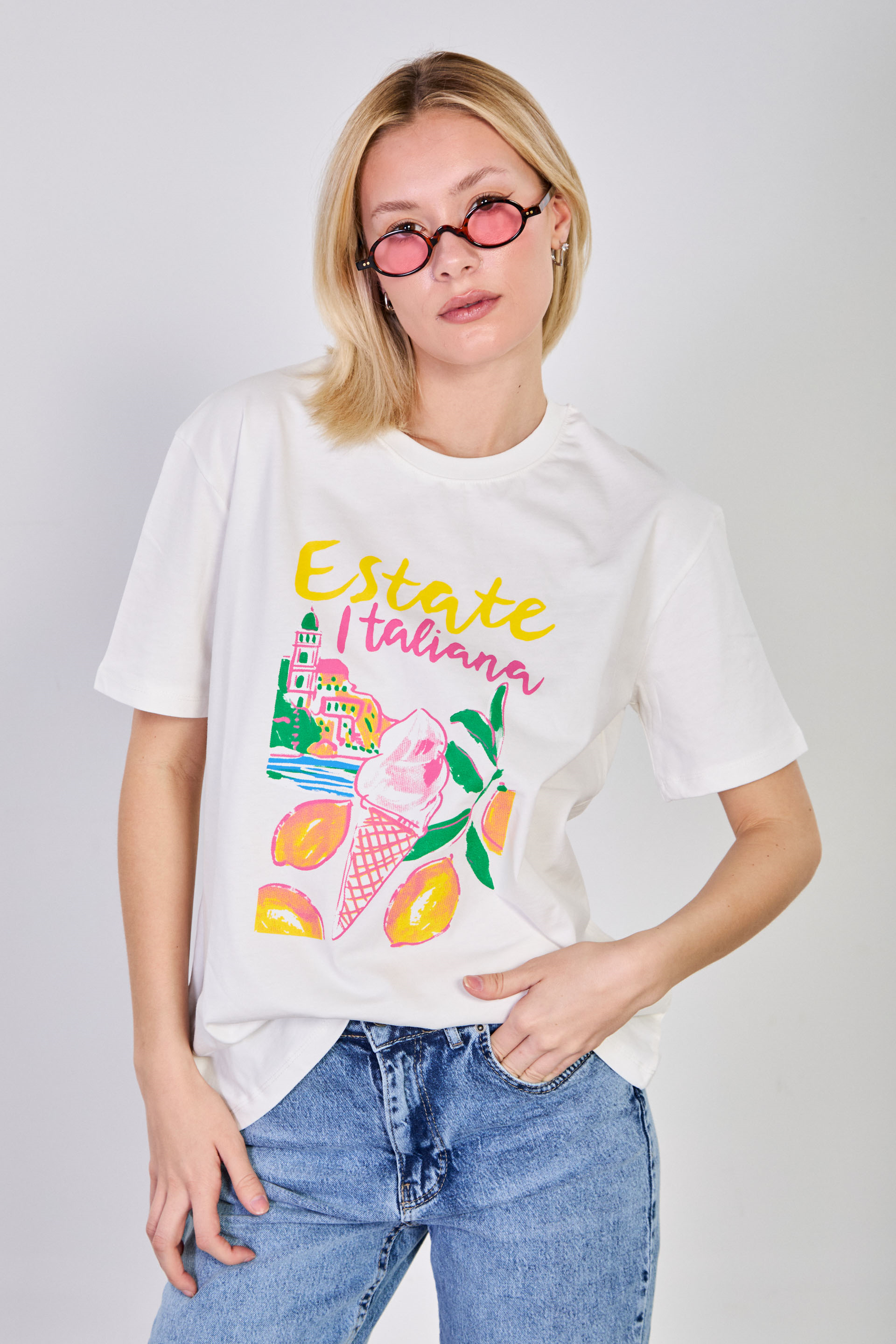 Kadın Estate Itiliana Baskılı T-Shirt - Ekru