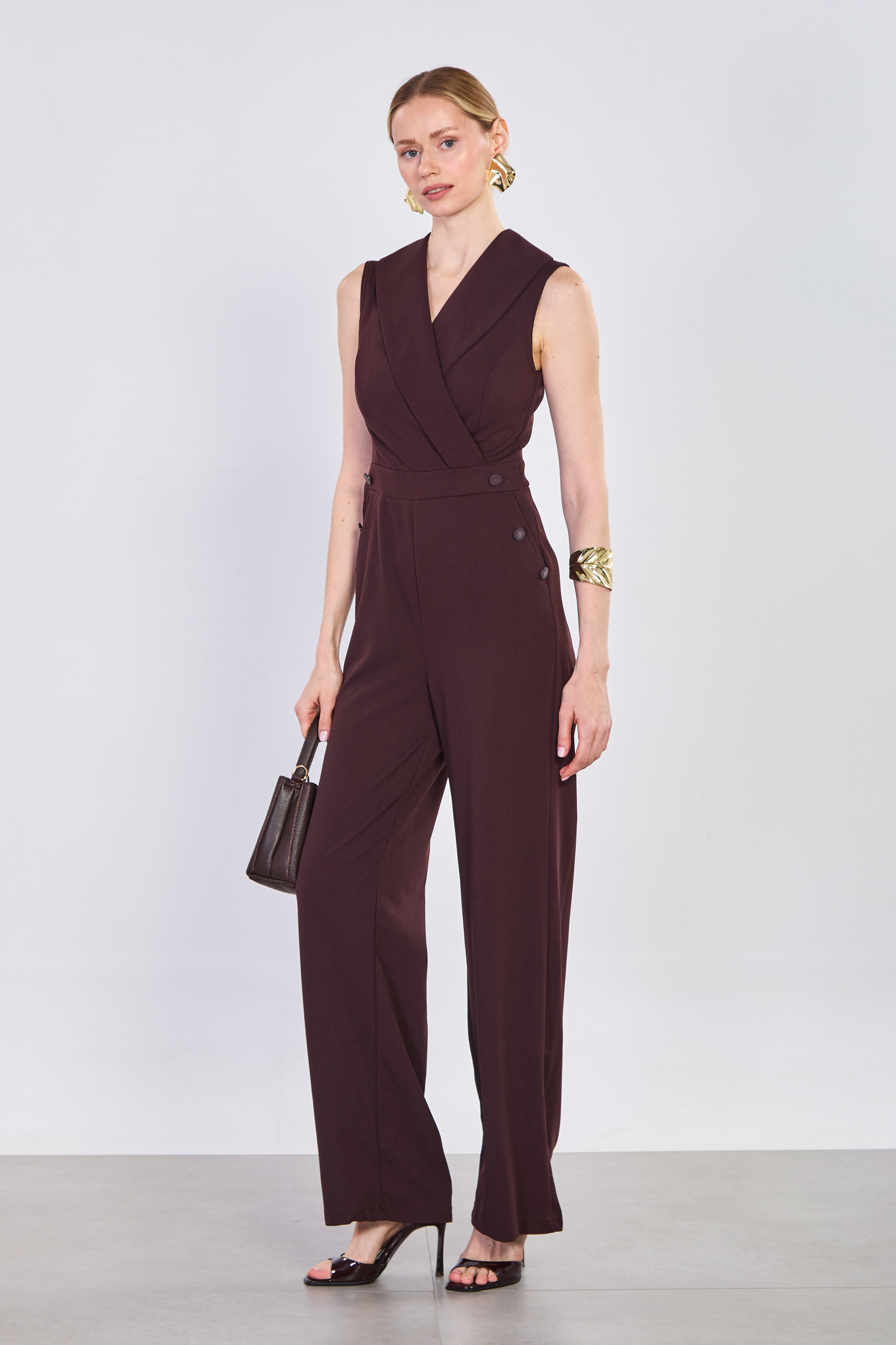 Kadın Kruvaze Yaka Düğme Detay Tulum - Acı Kahve