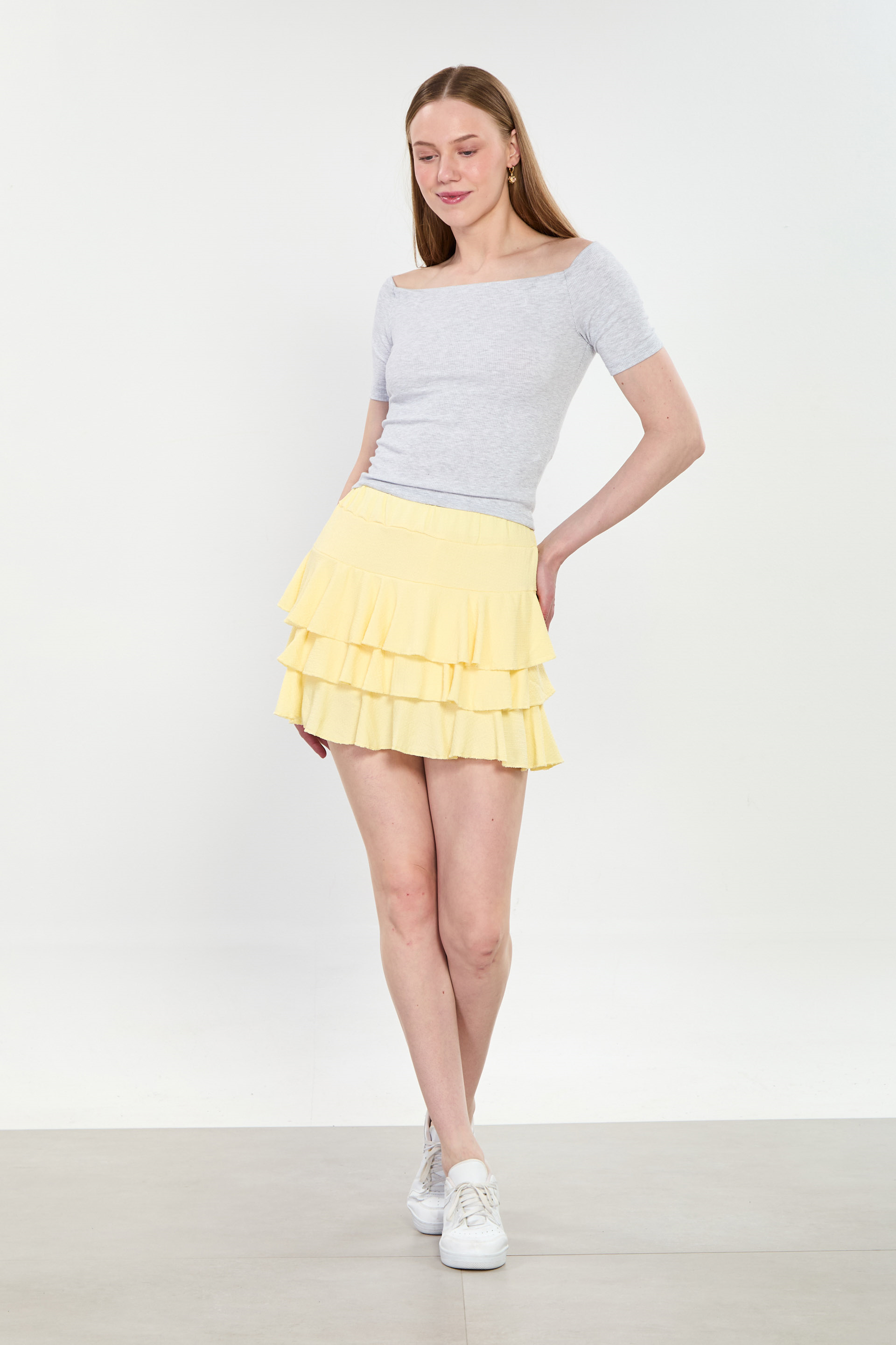 Kadın Fırfırlı Mini Etek - Sarı