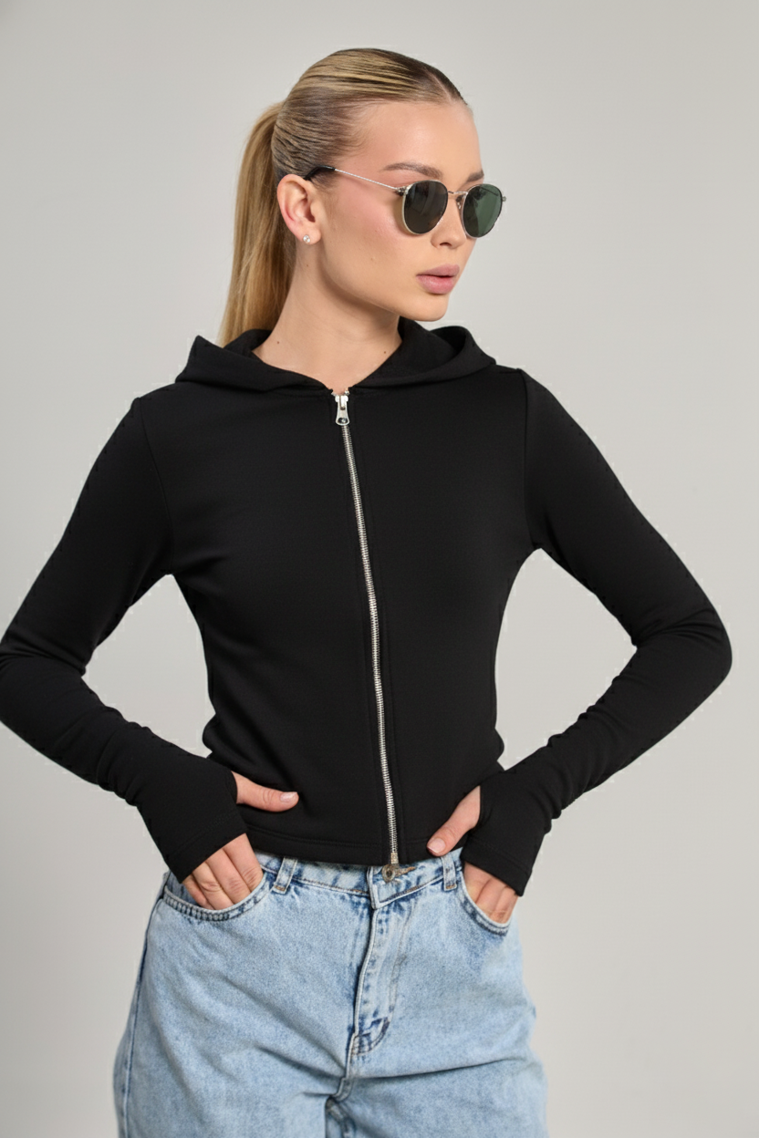 Kadın Parmak Geçmeli Fermuarlı Sweatshirt - Siyah