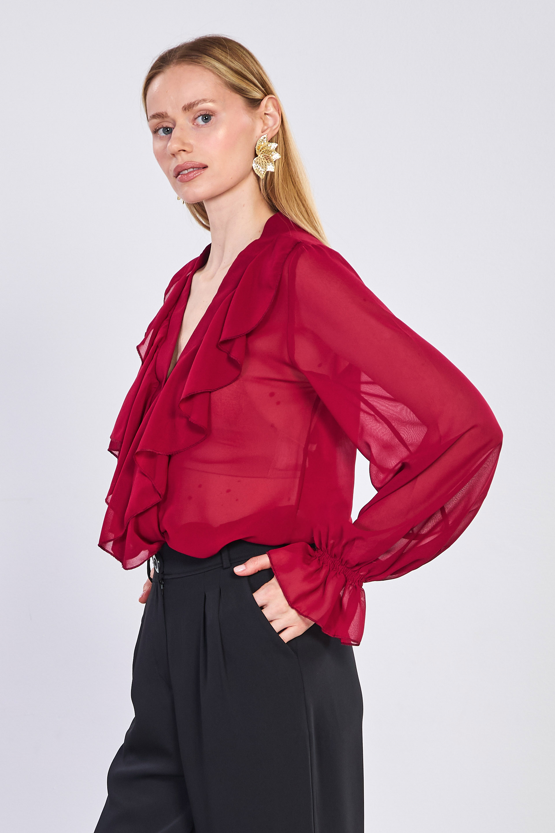 Kadın V Yaka Önü Fırfırlı Şifon Bluz - Bordo