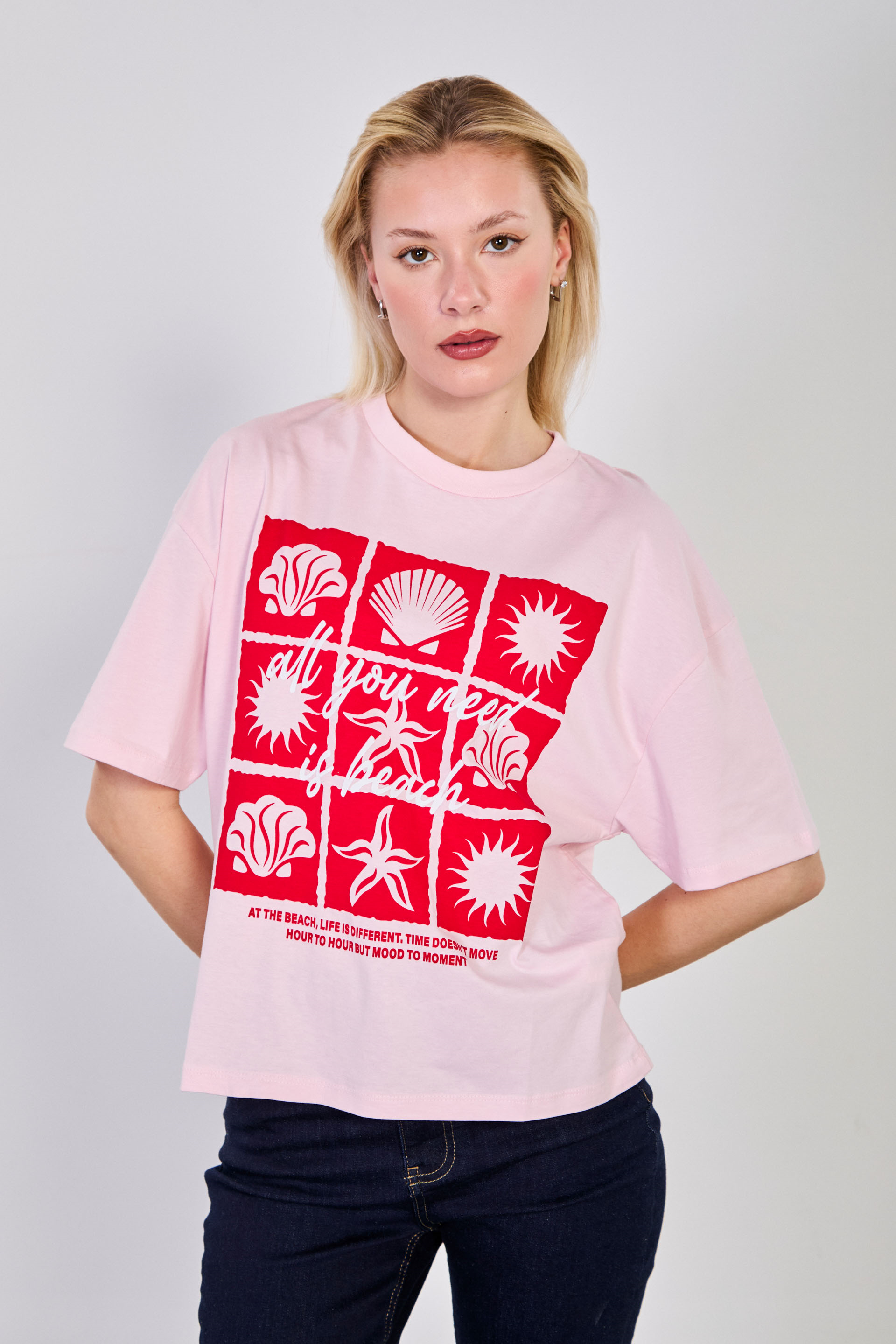 Kadın Deniz Temalı Oversize T-Shirt - Pembe/Kırmızı