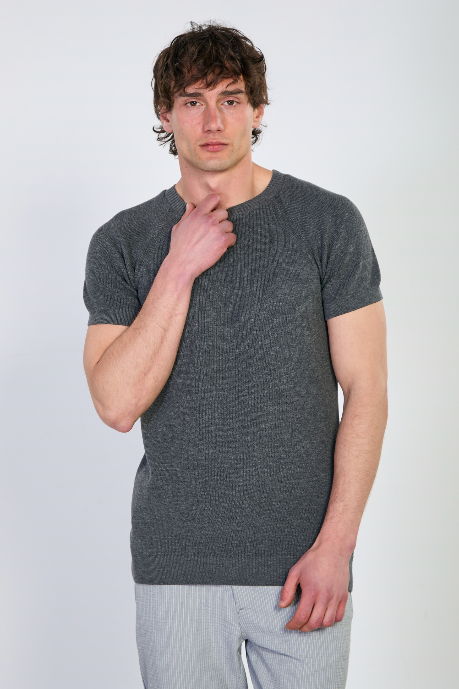 Erkek Yaka Ribanalı Triko T-Shirt - Antrasit