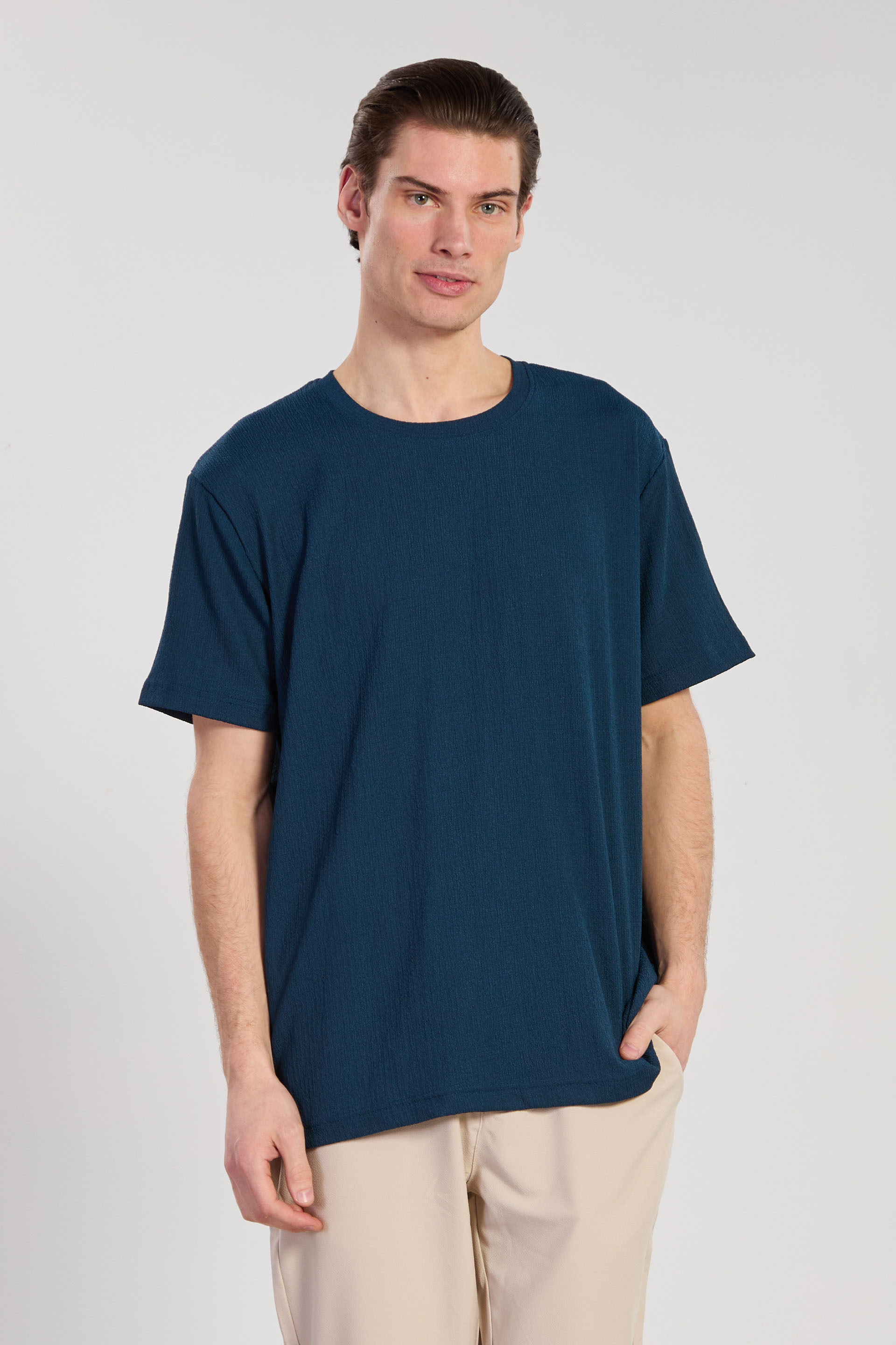 Erkek Bisiklet Yaka Bürümcük T-Shirt - Petrol