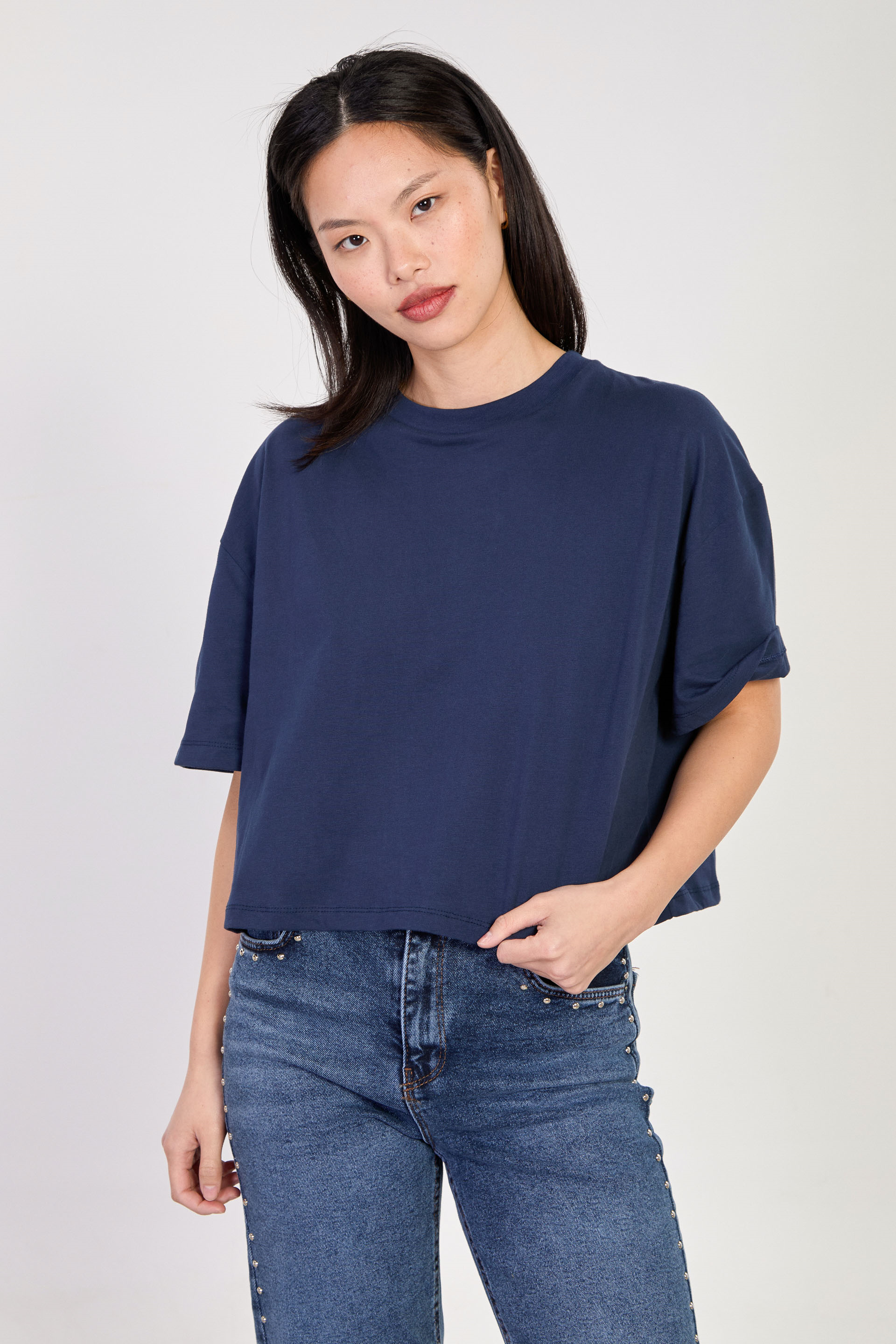 Kadın Bisiklet Yaka Kısa Oversize T-Shirt - Lacivert