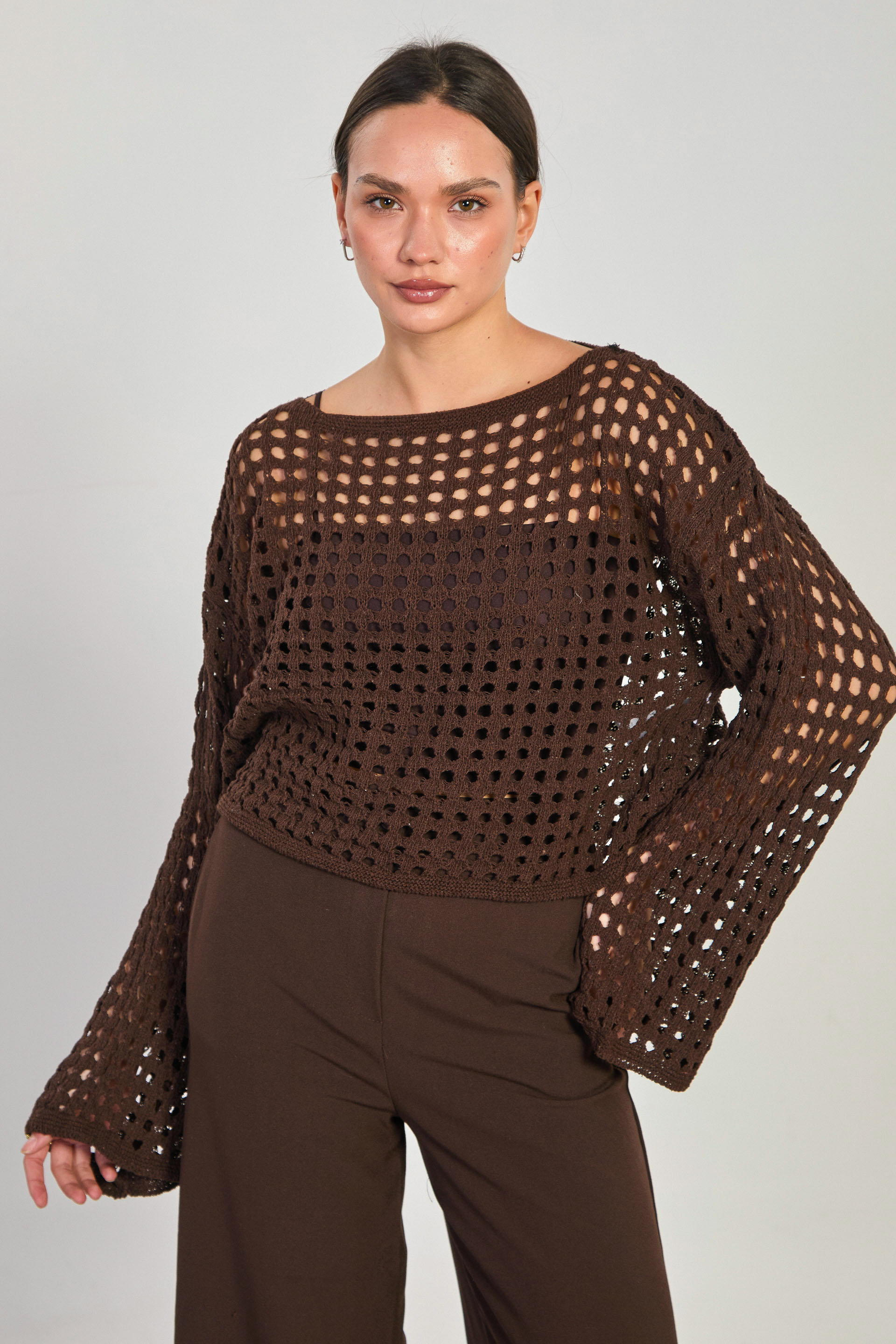 Kadın Ajurlu Crop Kazak - Acı Kahve