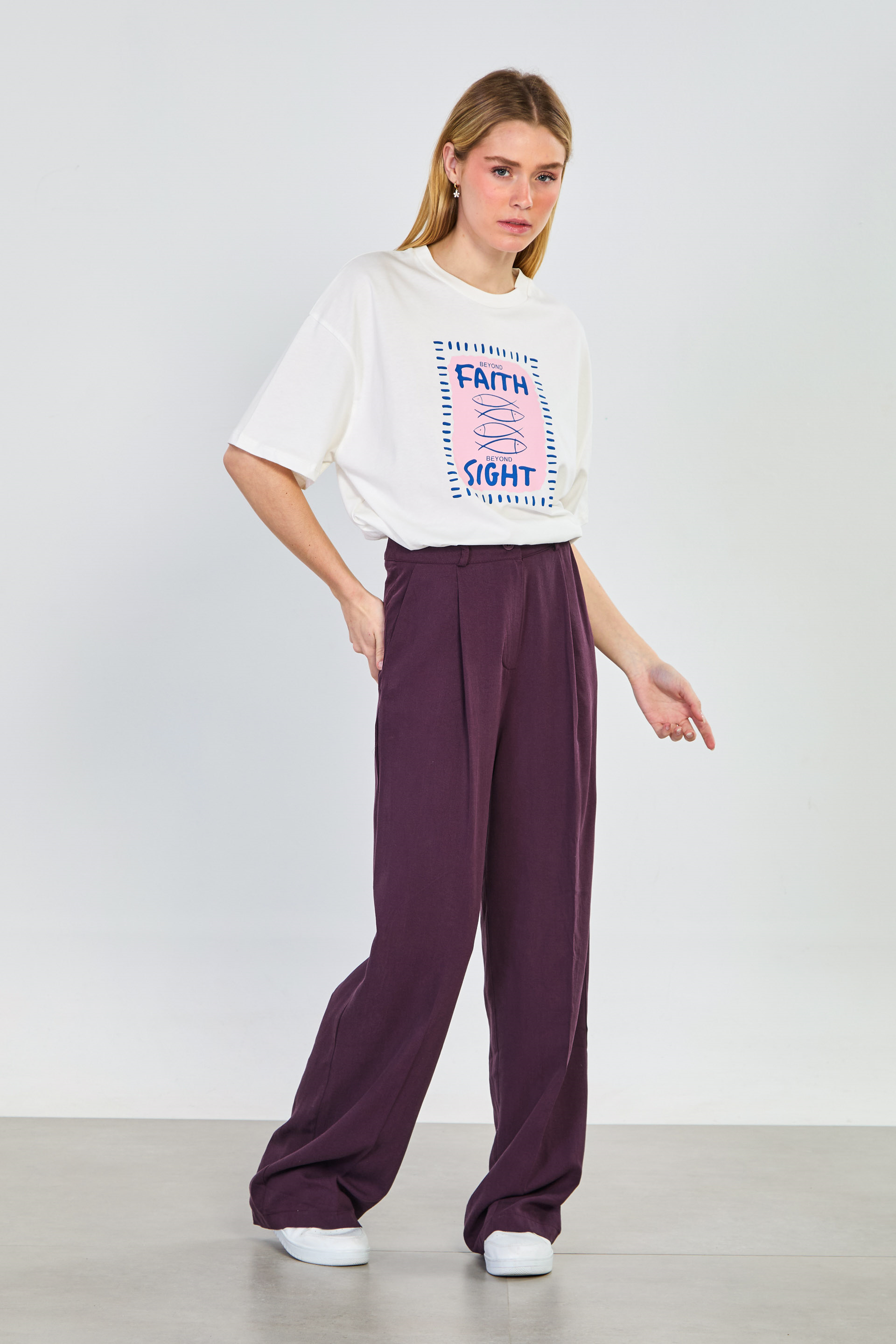 Kadın Önü Pileli Palazzo Pantolon - Mürdüm