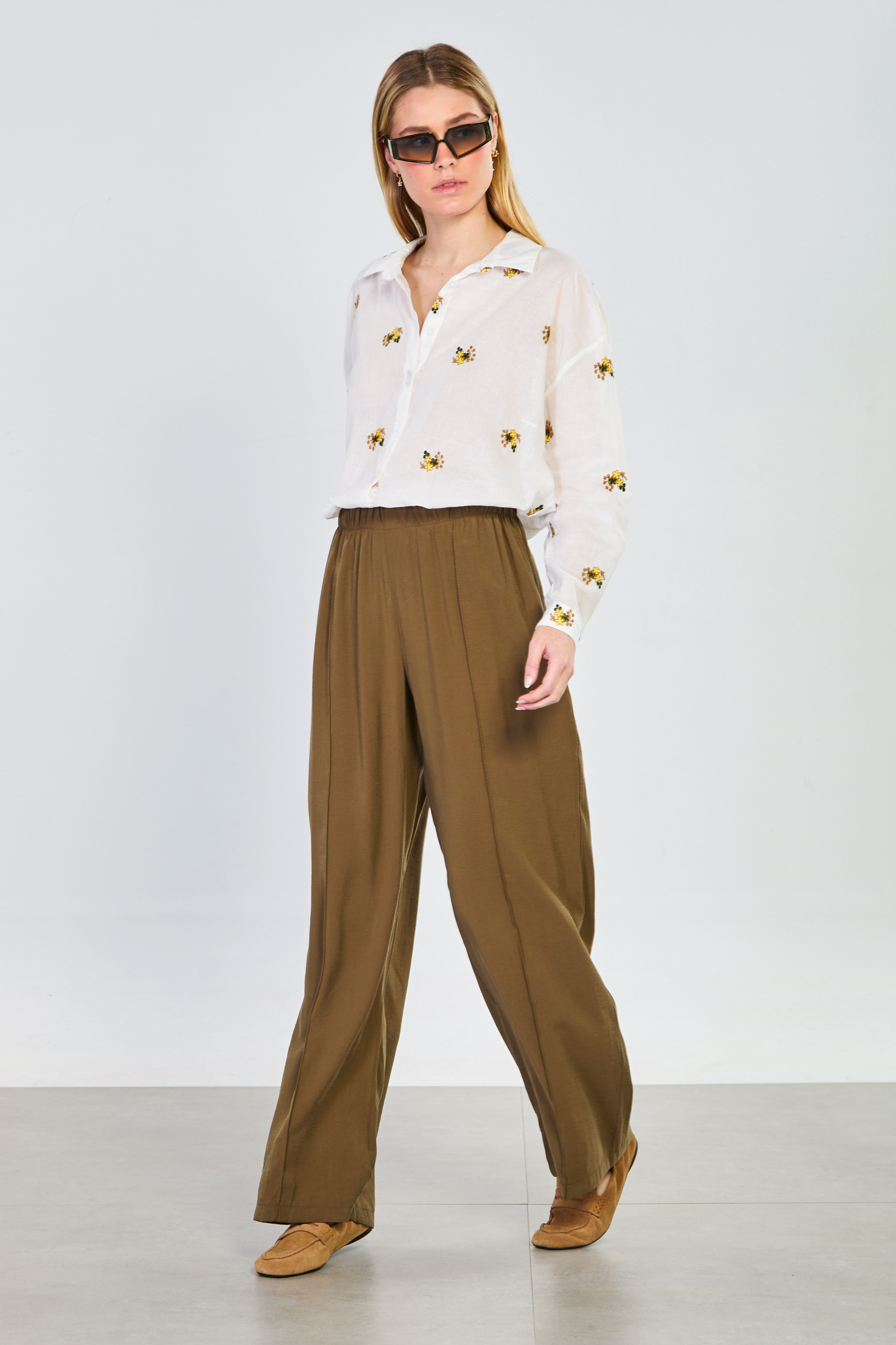 Kadın Önü Çimalı Beli Lastikli Bol Pantolon - Olive