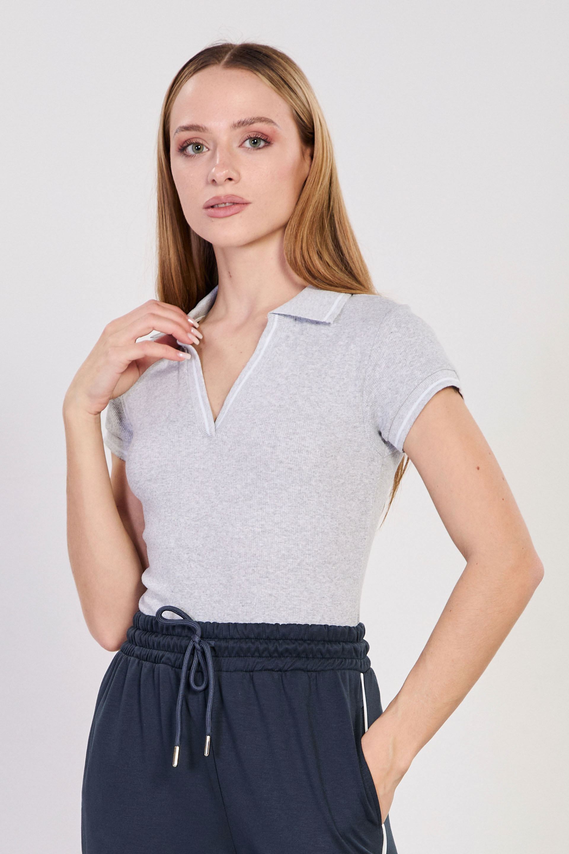 Kadın Polo Yaka Fitilli Body - Gri/Beyaz