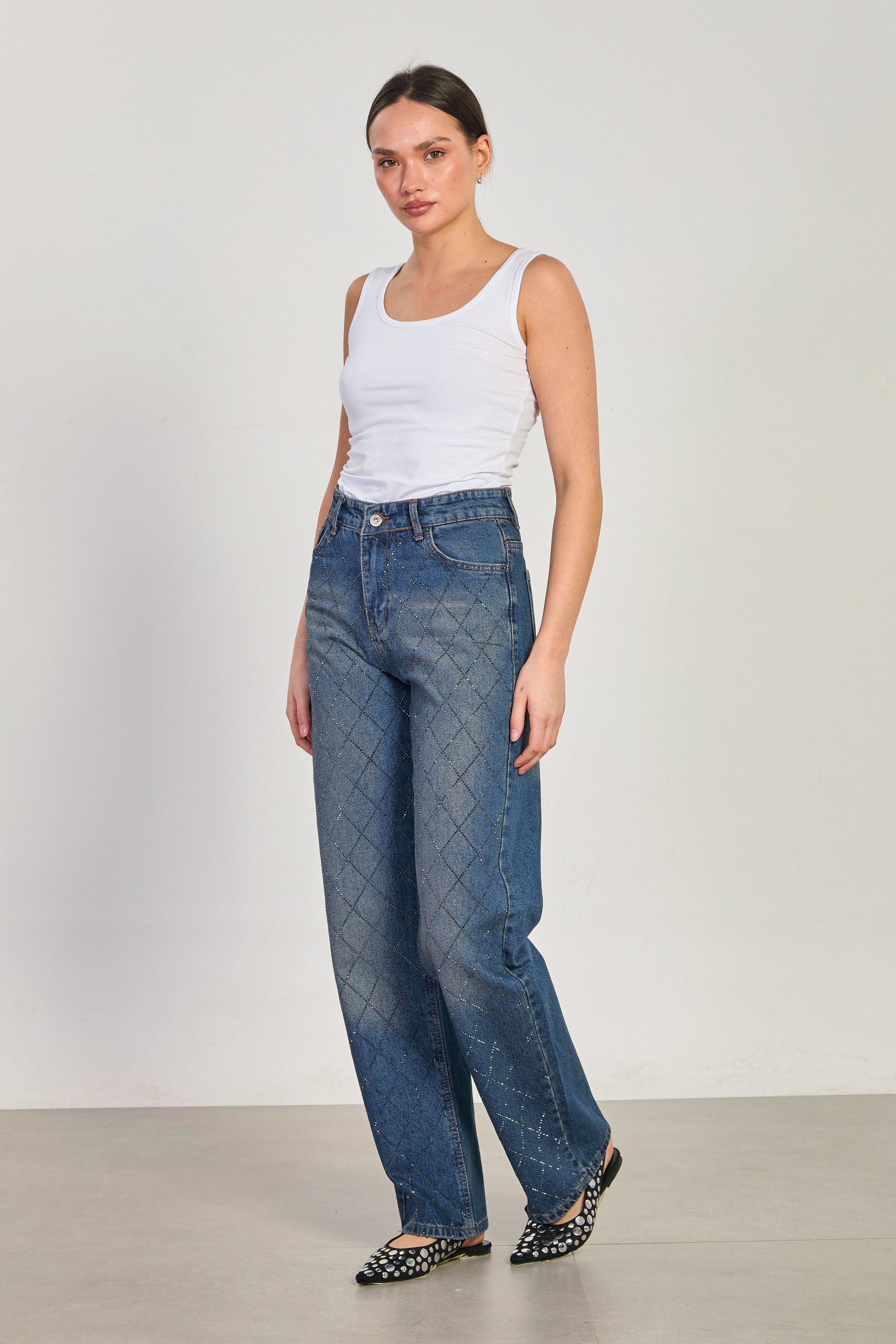 Kadın J63 Baklava Taş Baskılı Palazzo Jean Pantolon - Kahve Tint