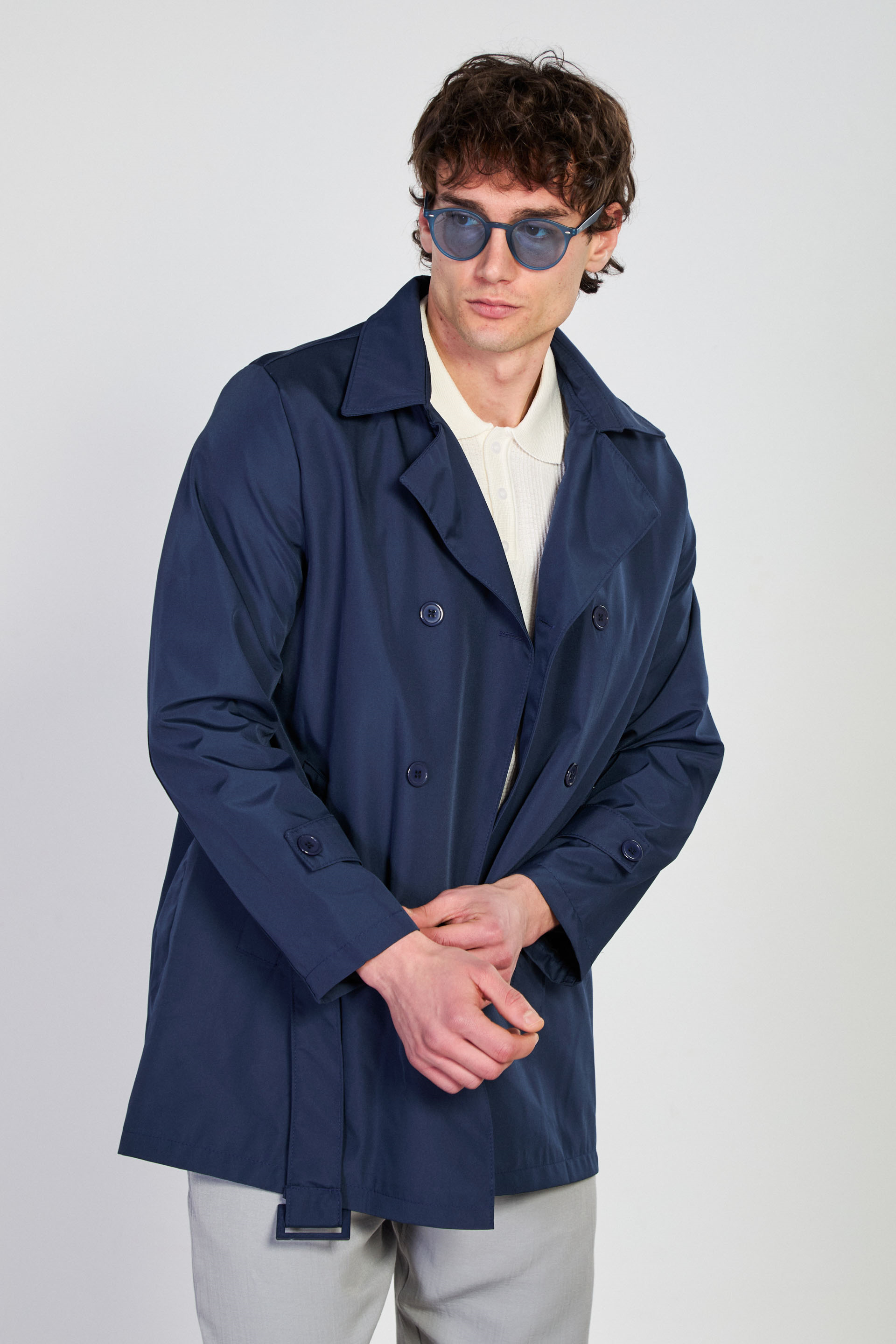 Erkek Beli Kuşaklı Düğmeli Trenç - Lacivert