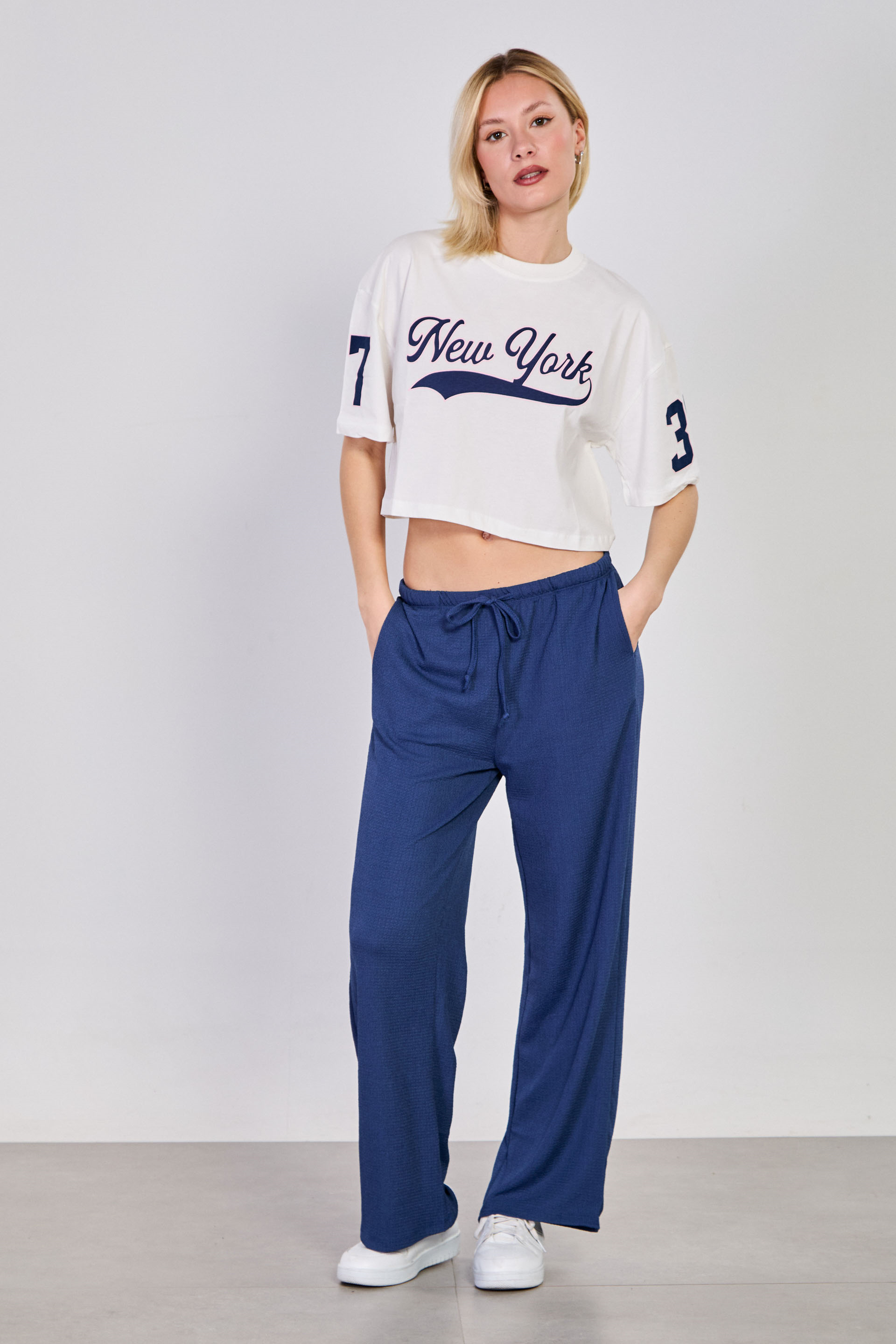 Kadın Beli Lastikli Bol Paça Pantolon - İndigo