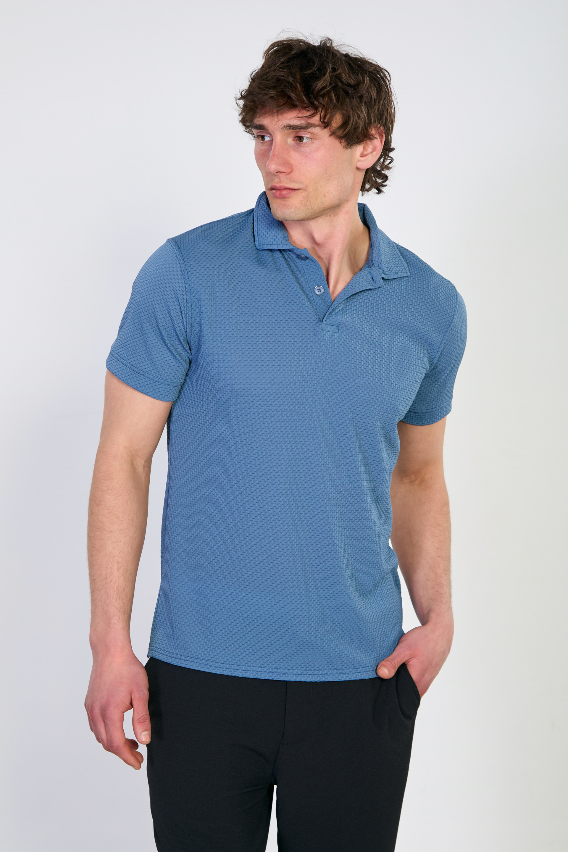 Erkek Polo Yaka Kısa Kollu Düğmeli T-Shirt - Mavi