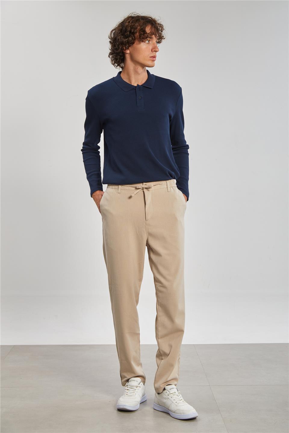 Beli Bağlamalı Erkek Pantolon - Taş Rengi