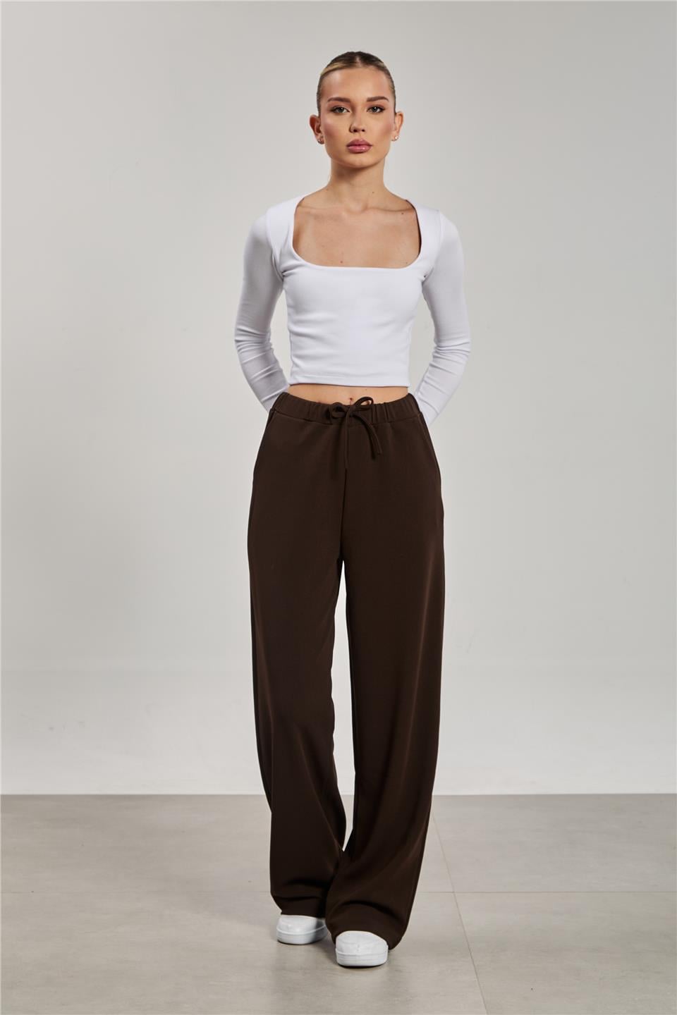 Beli ipli bol paça pantolon-2111 Kahve